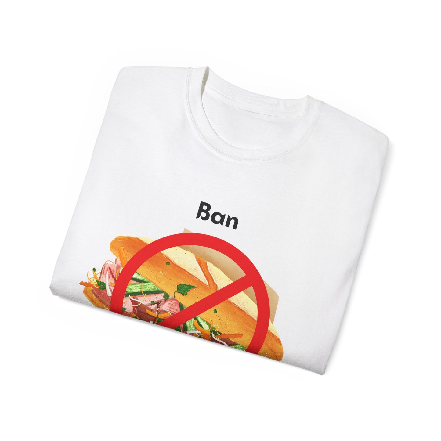 Folded Ban Me T-shirt with partial bánh mì pun design visible