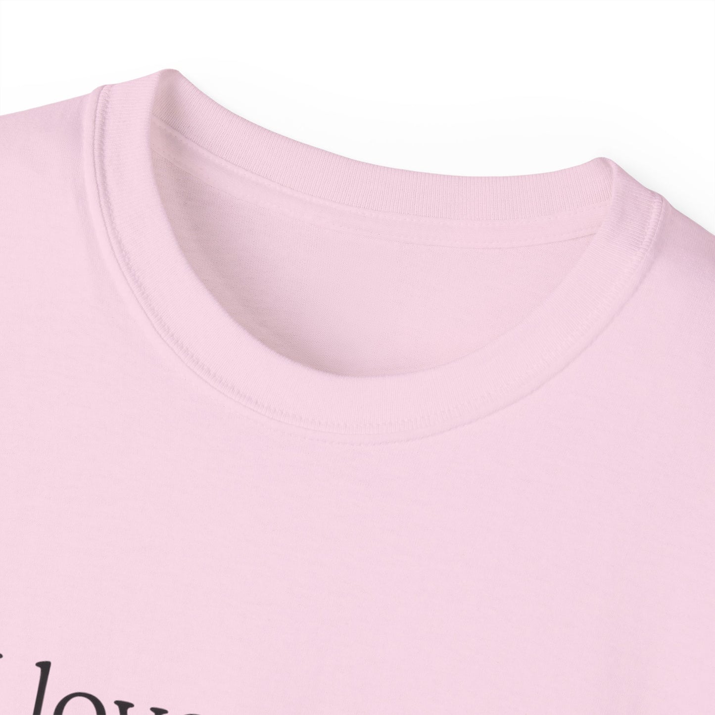 Collar close-up of Bi Son T-shirt – soft cotton fabric detail, pink. colour version