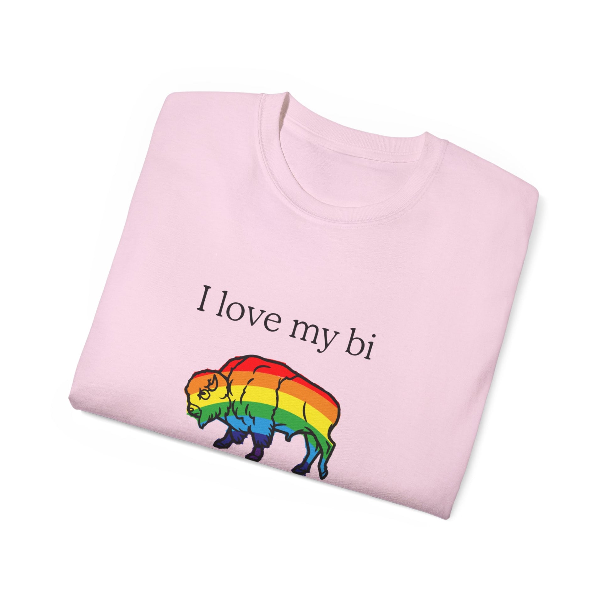 Folded Bi Son T-shirt showing partial rainbow bison design, pink colour version