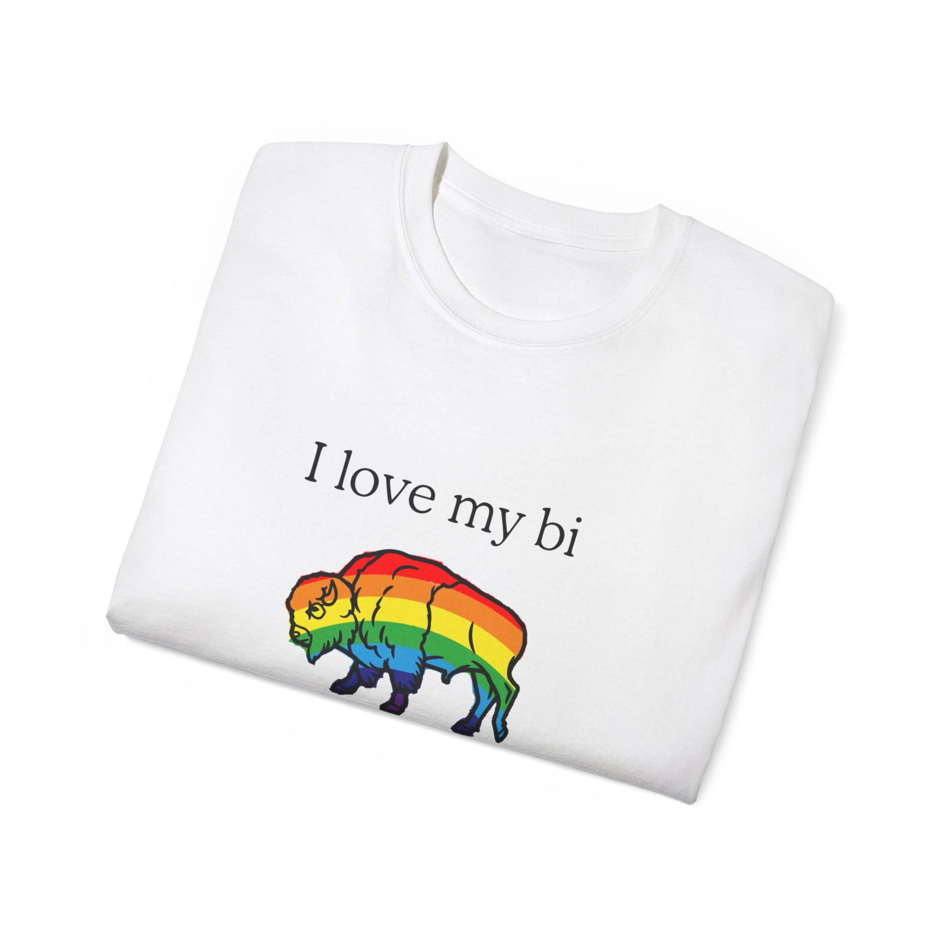 Folded Bi Son T-shirt showing partial rainbow bison design