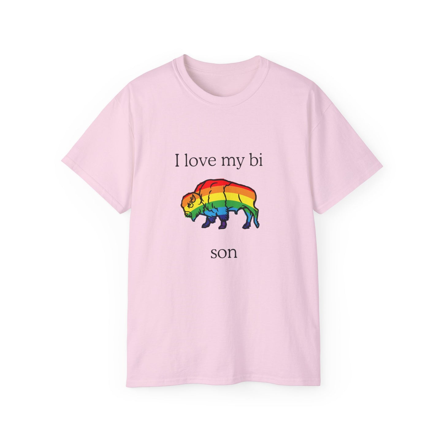 Bi Son T-shirt with rainbow-colored bison and I love my bison text – front view, pink colour version