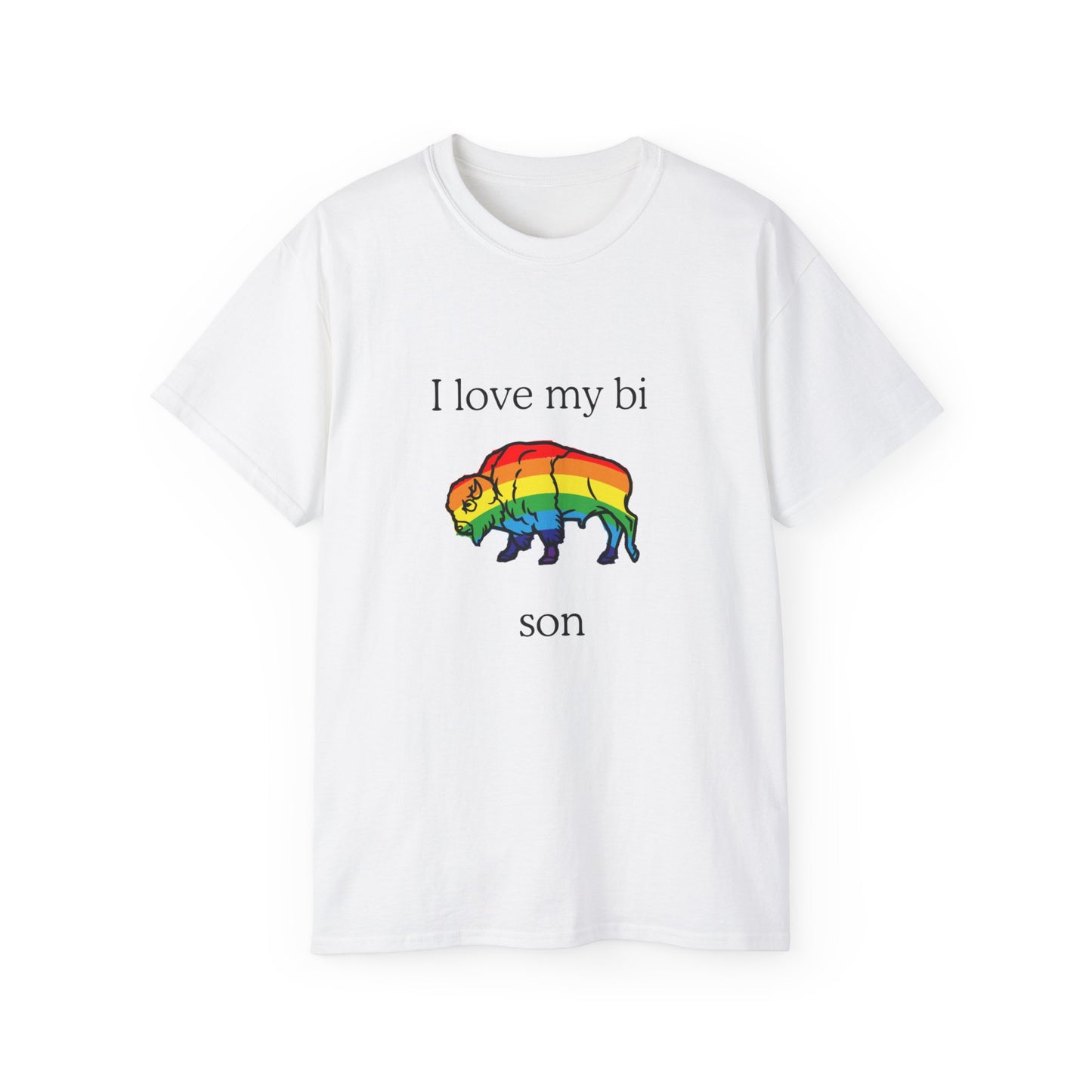 Bi Son T-shirt with rainbow-colored bison and I love my bison text – front view