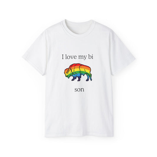 Bi Son T-shirt with rainbow-colored bison and I love my bison text – front view