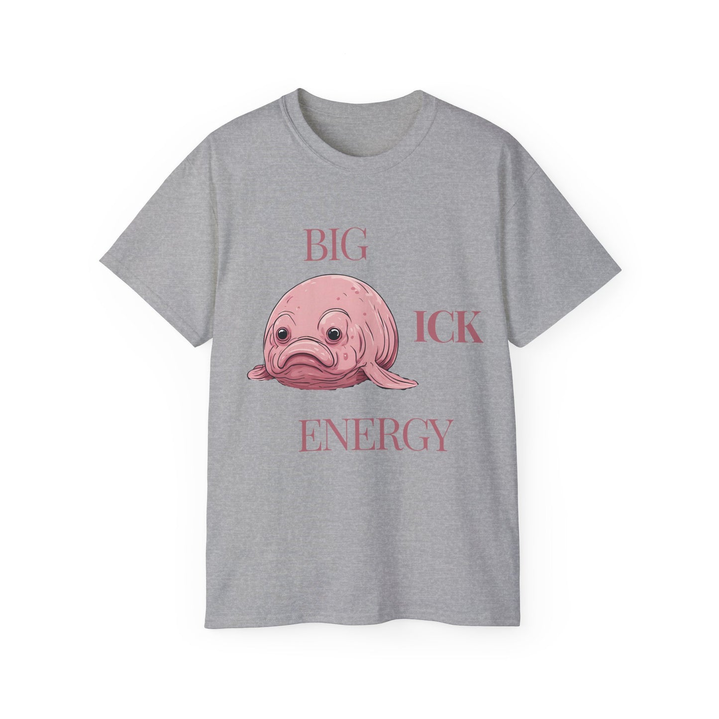 Black T-shirt with “Big Ick Energy” text and weird creature – front view, grey colour version