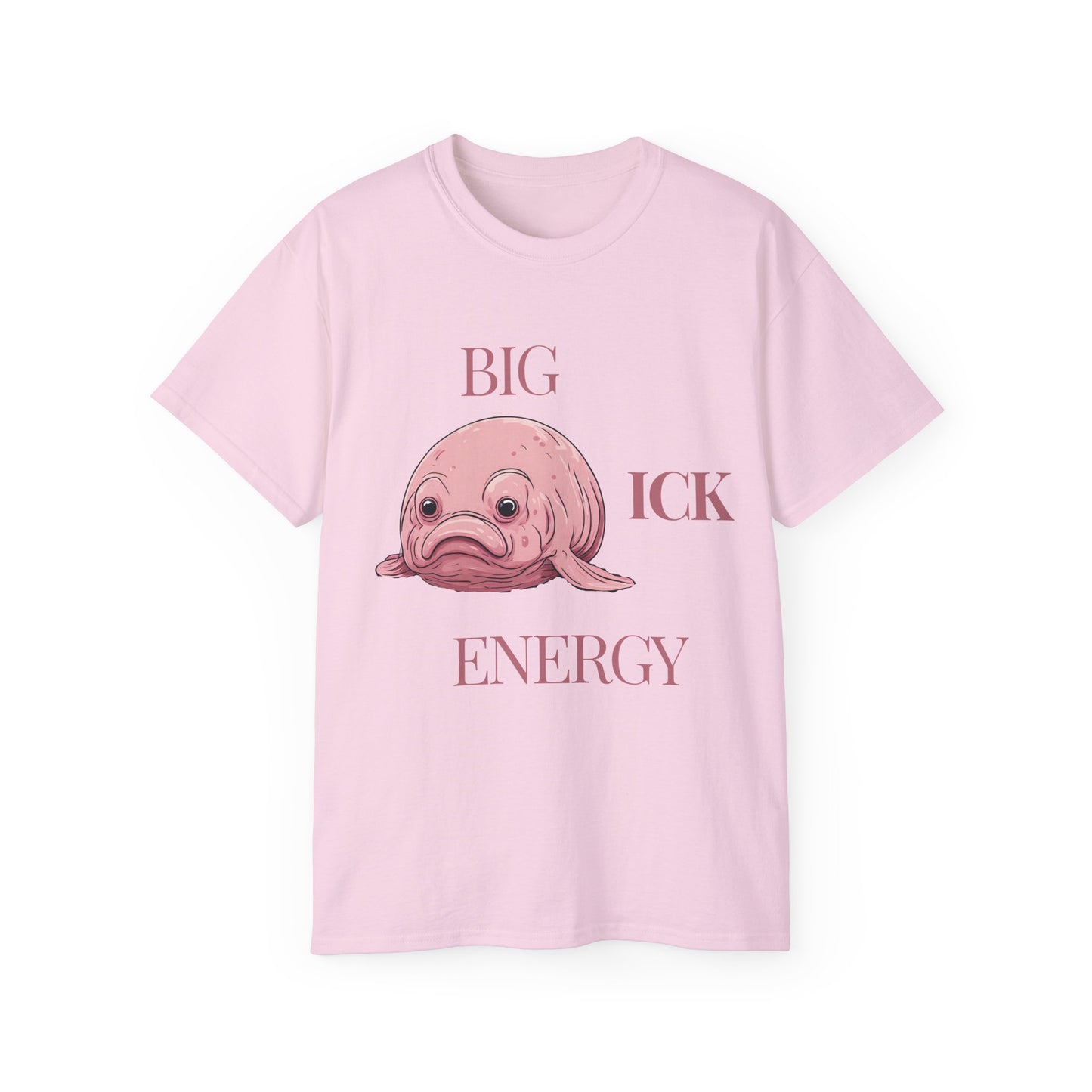 Black T-shirt with “Big Ick Energy” text and weird creature – front view, pink colour version