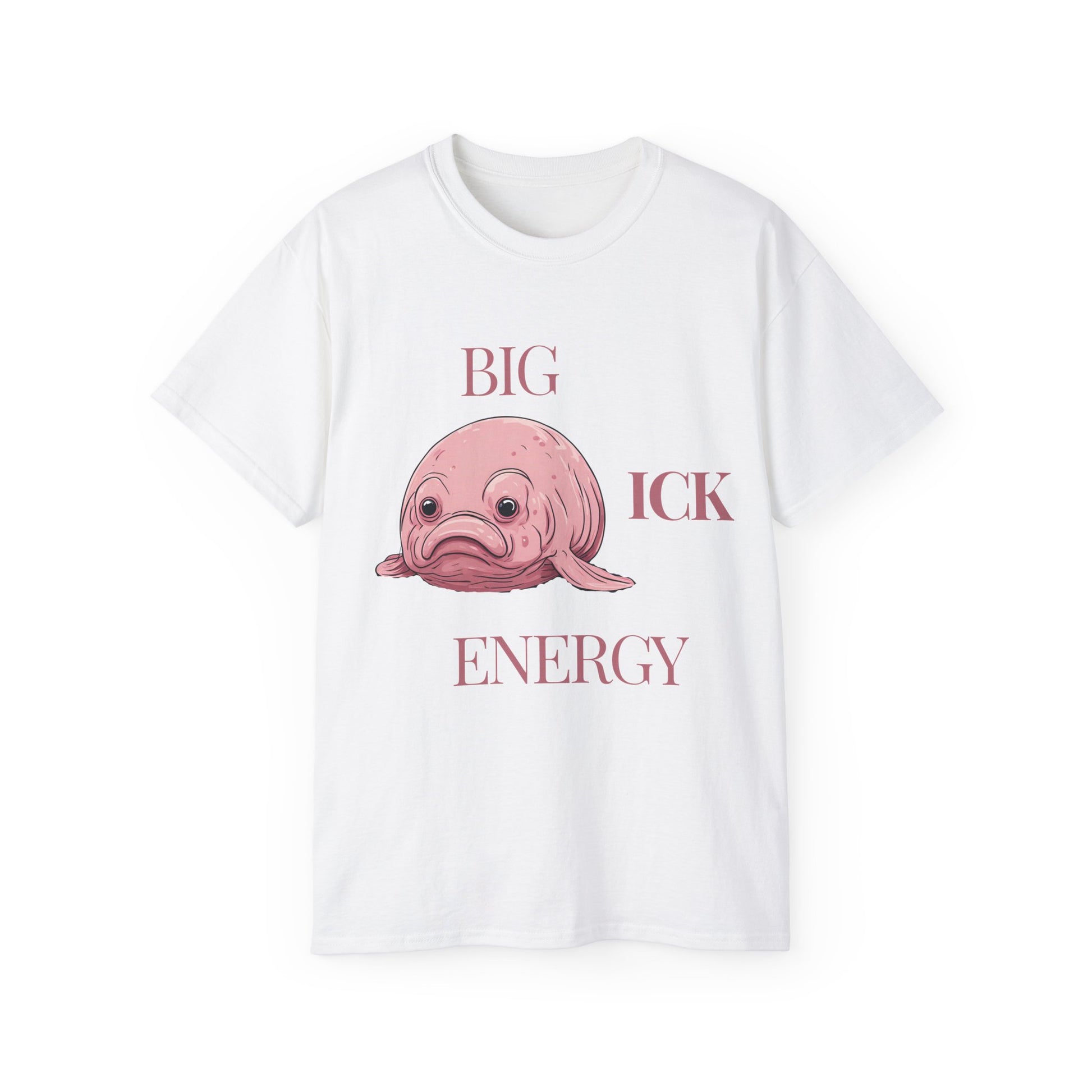 Black T-shirt with “Big Ick Energy” text and weird creature – front view, white colour version
