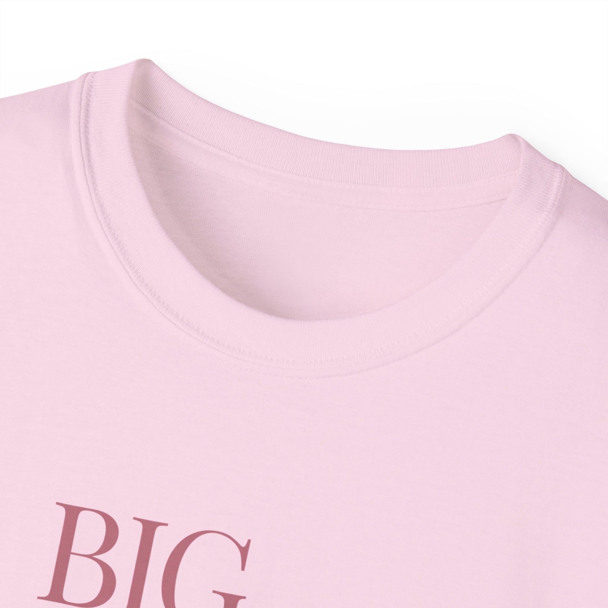 Close-up of collar on Big Ick Energy T-shirt – soft cotton detail, pink colour version