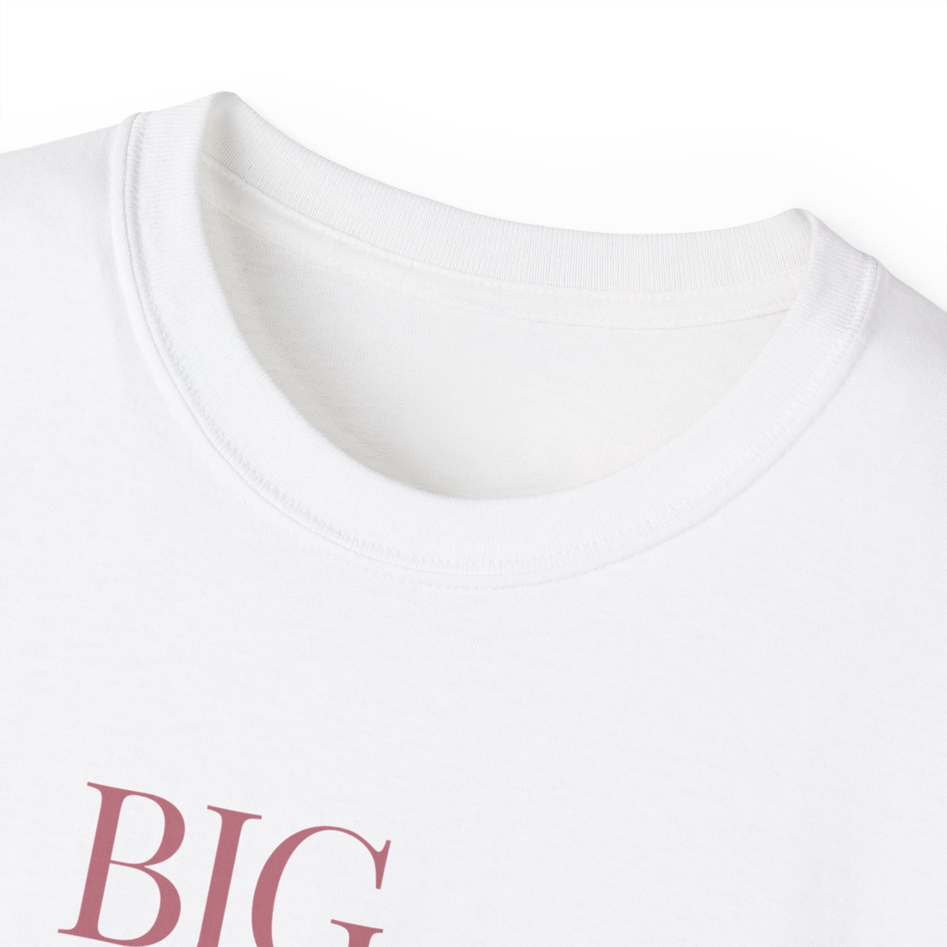 Close-up of collar on Big Ick Energy T-shirt – soft cotton detail, white colour version