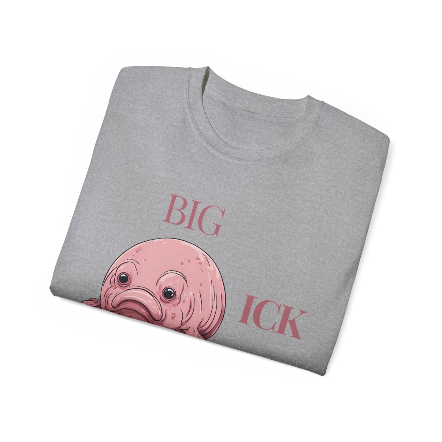 Folded Big Ick Energy T-shirt with partial view of creature design, grey colour version