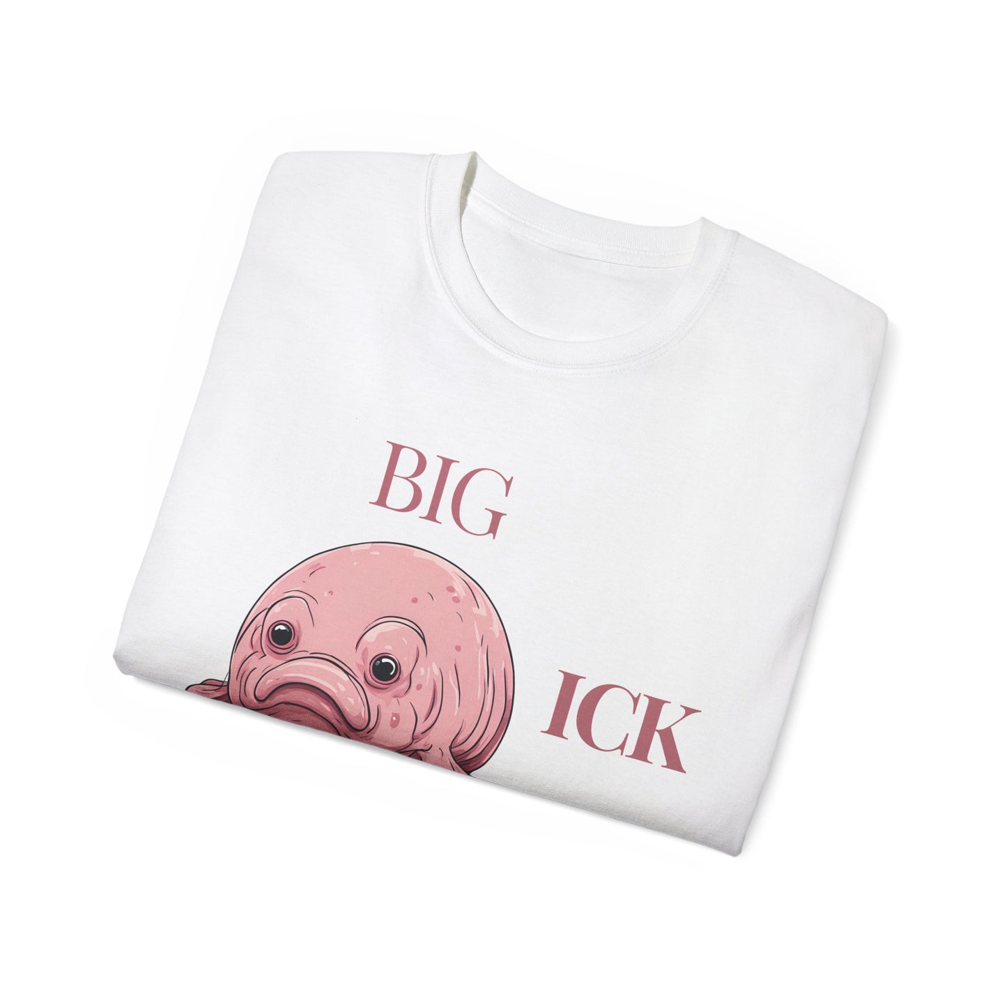 Folded Big Ick Energy T-shirt with partial view of creature design, white colour version