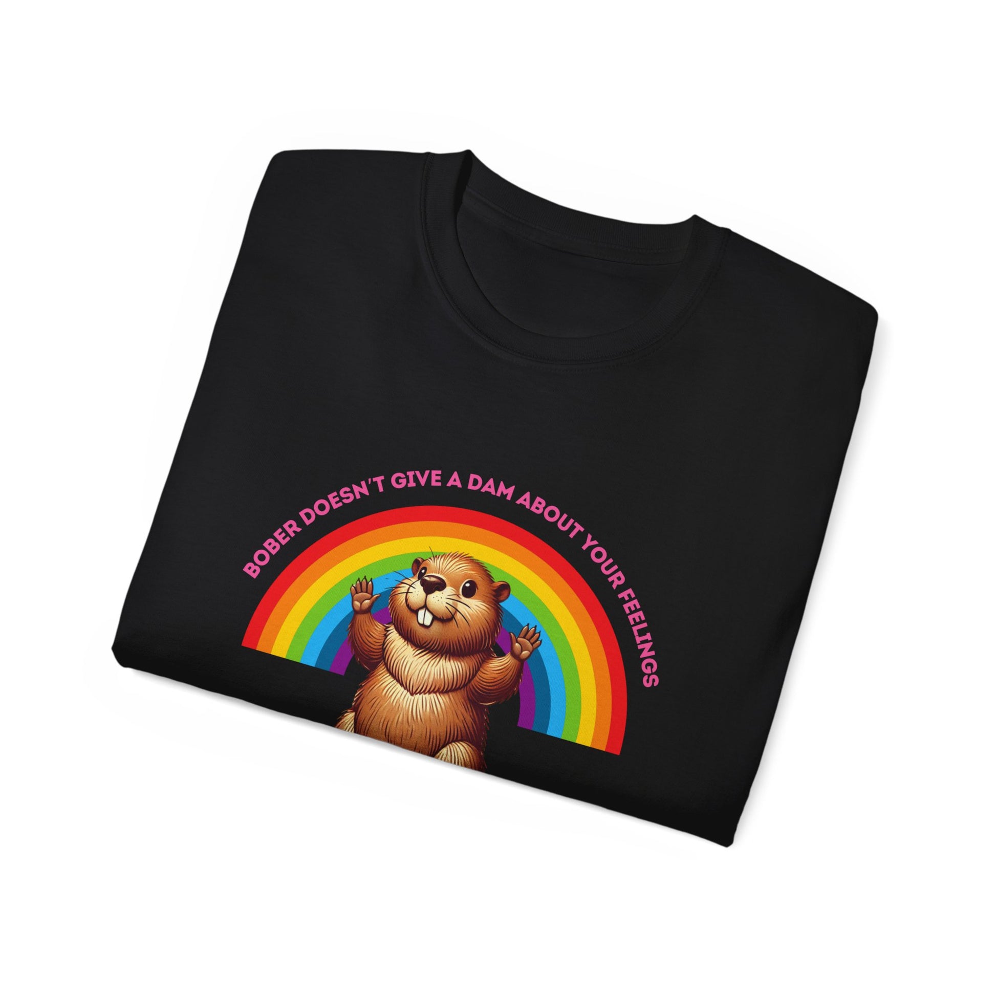 Folded Bober Doesn’t Give a Dam T-shirt showing partial rainbow beaver meme design, black colour version