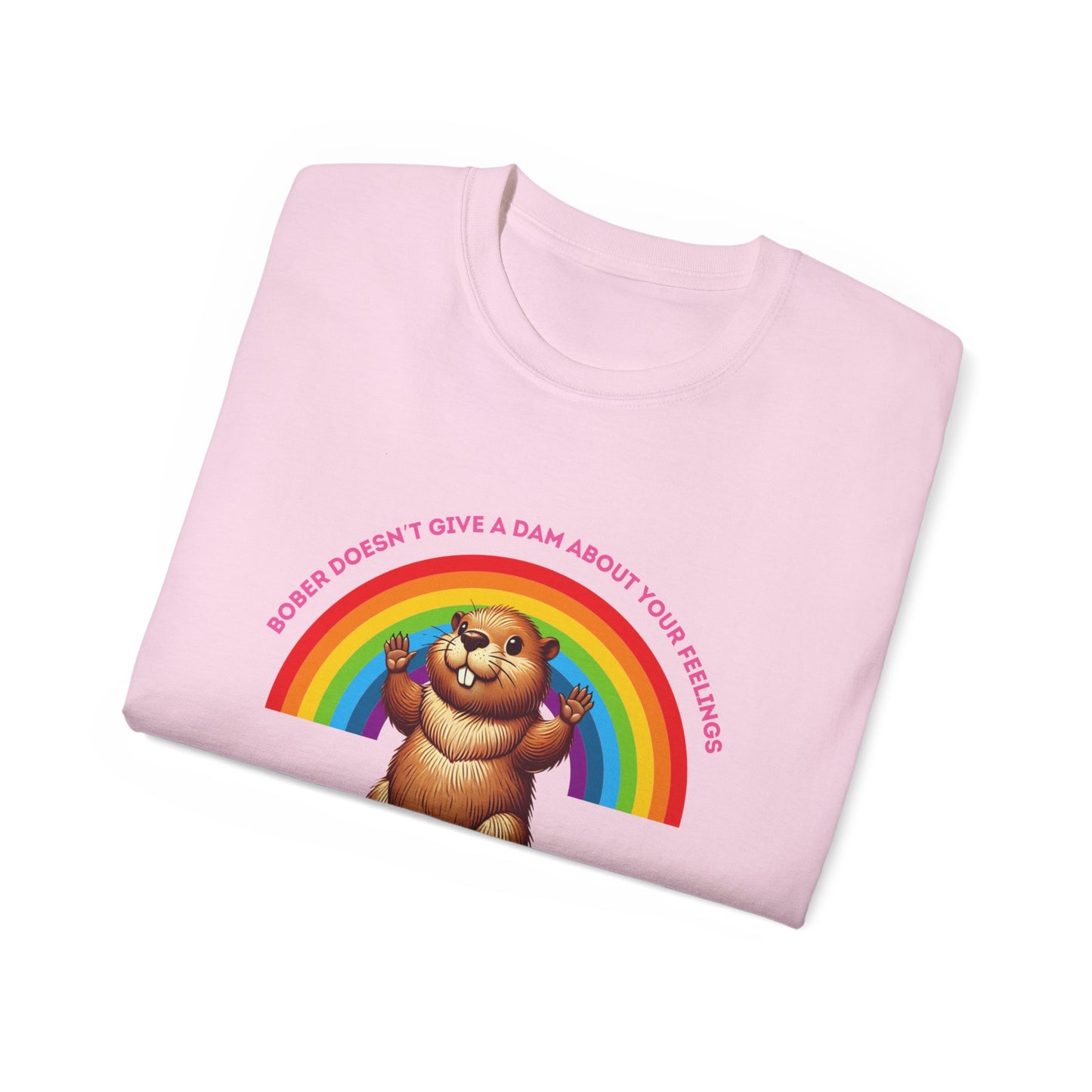 Folded Bober Doesn’t Give a Dam T-shirt showing partial rainbow beaver meme design, pink colour version