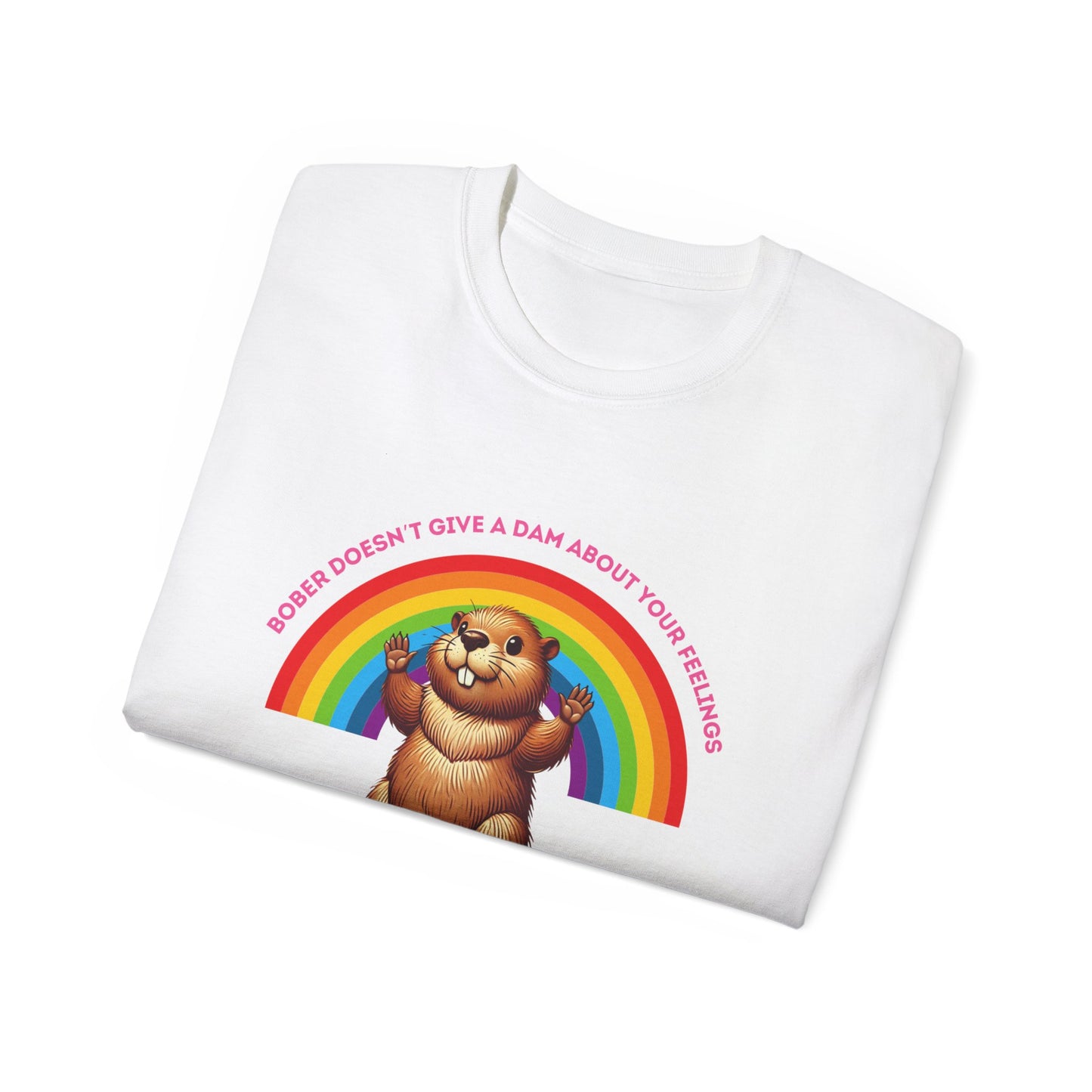 Folded Bober Doesn’t Give a Dam T-shirt showing partial rainbow beaver meme design