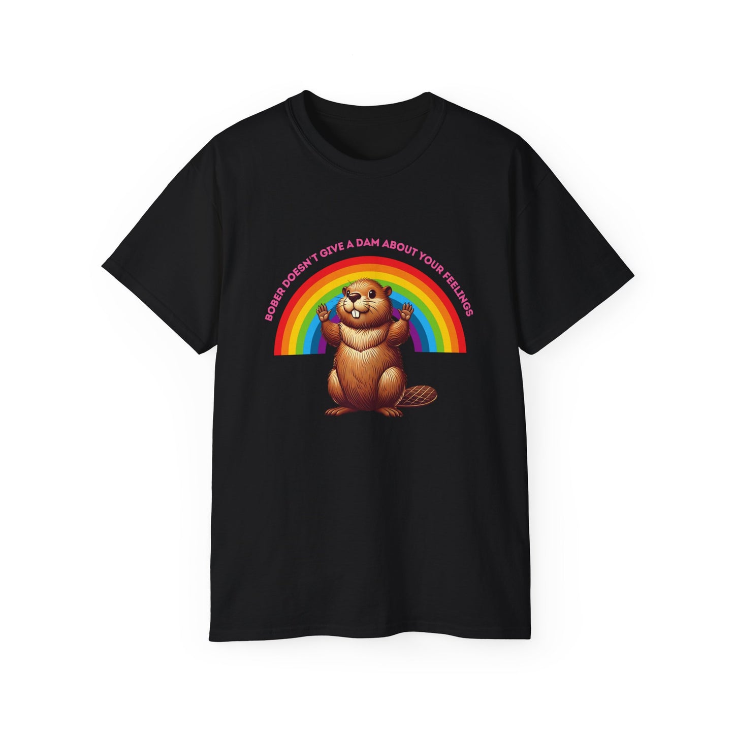 Bober Doesn’t Give a Dam T-shirt with rainbow and meme-style beaver design, black colour version
