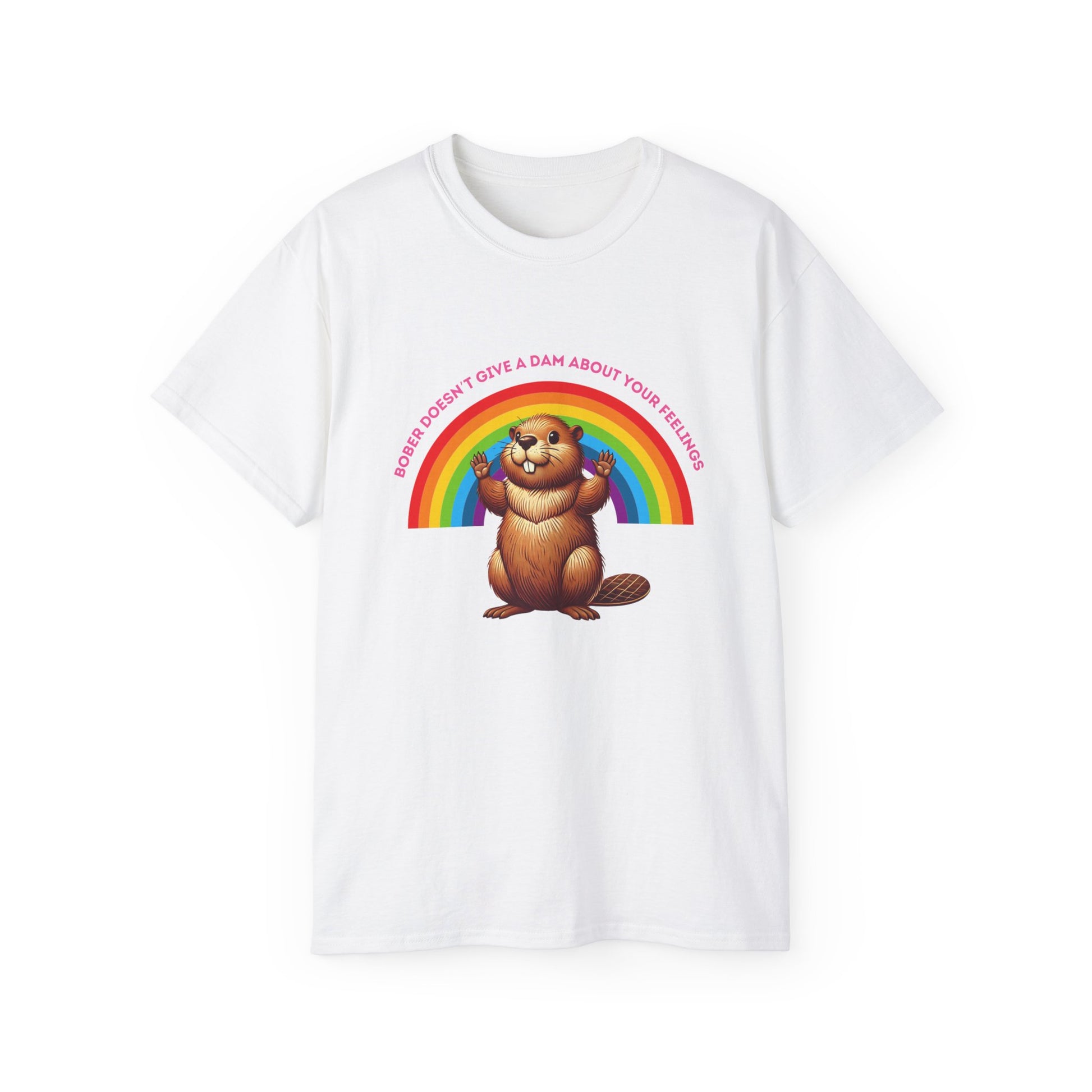 Bober Doesn’t Give a Dam T-shirt with rainbow and meme-style beaver design