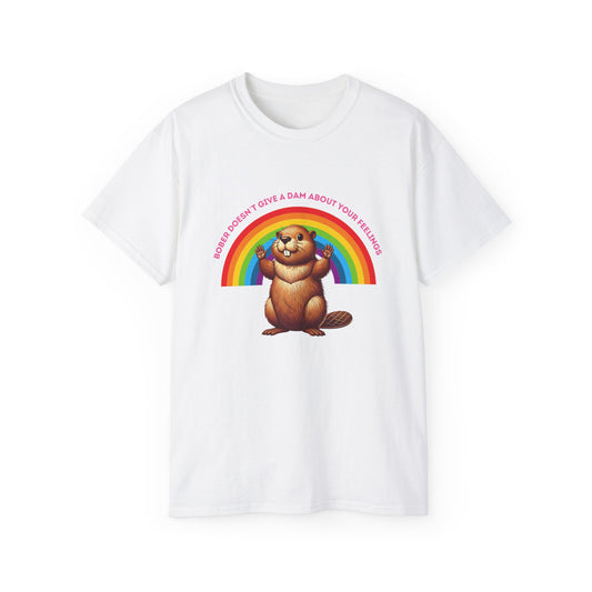Bober Doesn’t Give a Dam T-shirt with rainbow and meme-style beaver design