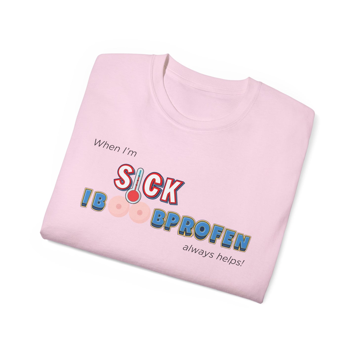 Folded Iboobprofen T-shirt with pun partially visible, pink colour version