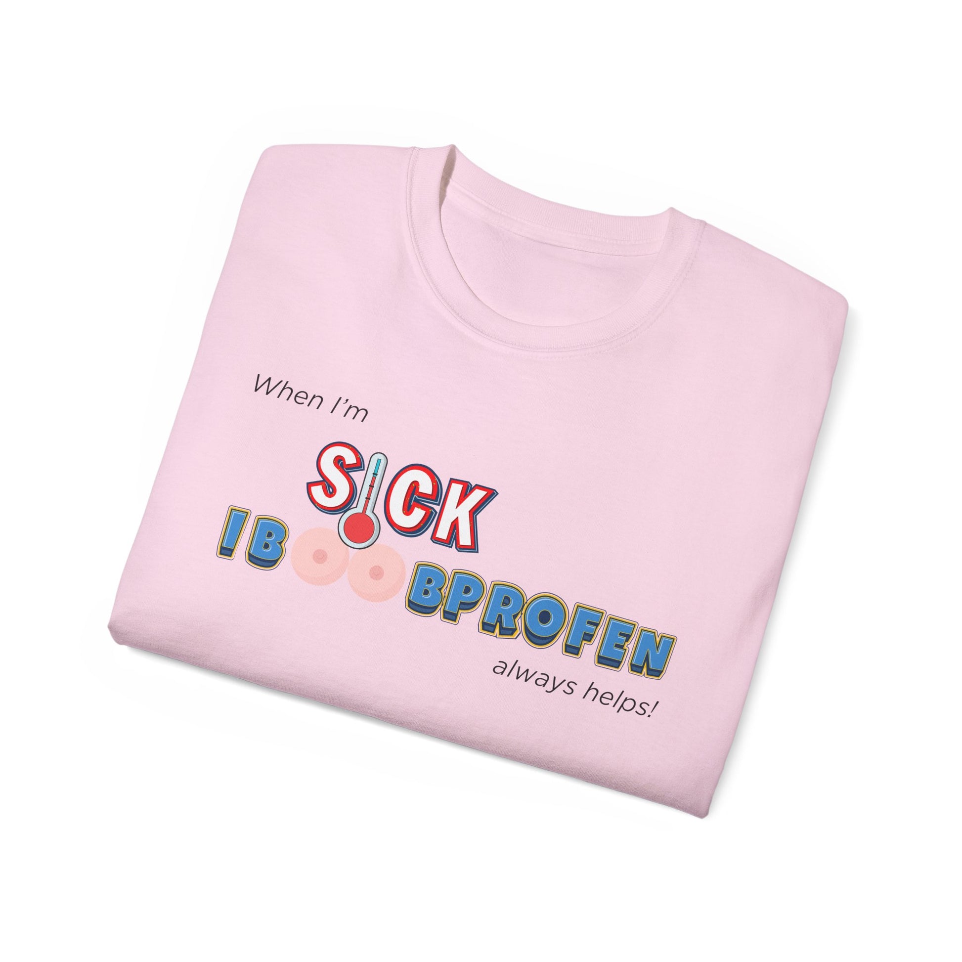 Folded Iboobprofen T-shirt with pun partially visible, pink colour version