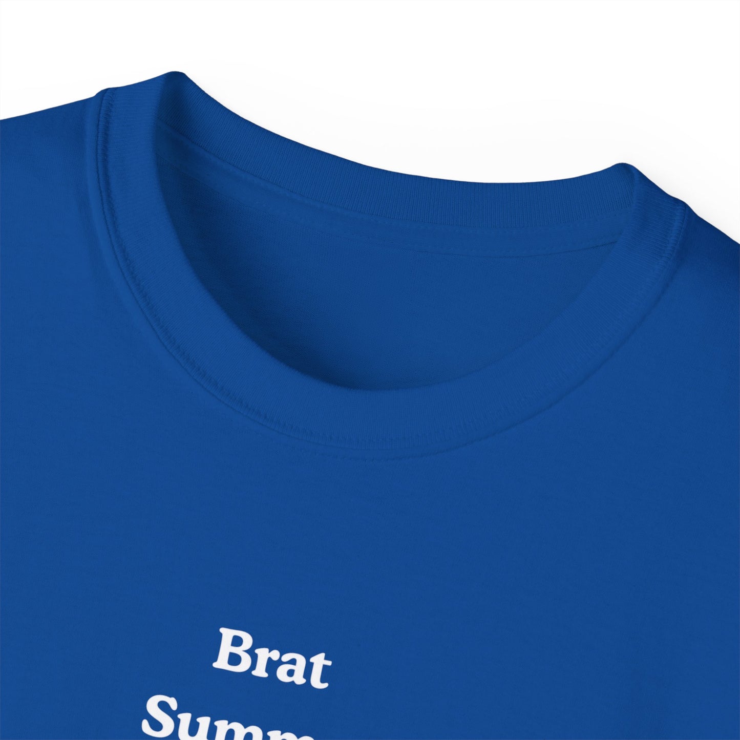 Close-up of Brat Summer Cycle T-shirt collar – ethically made cotton detail, blue colour version