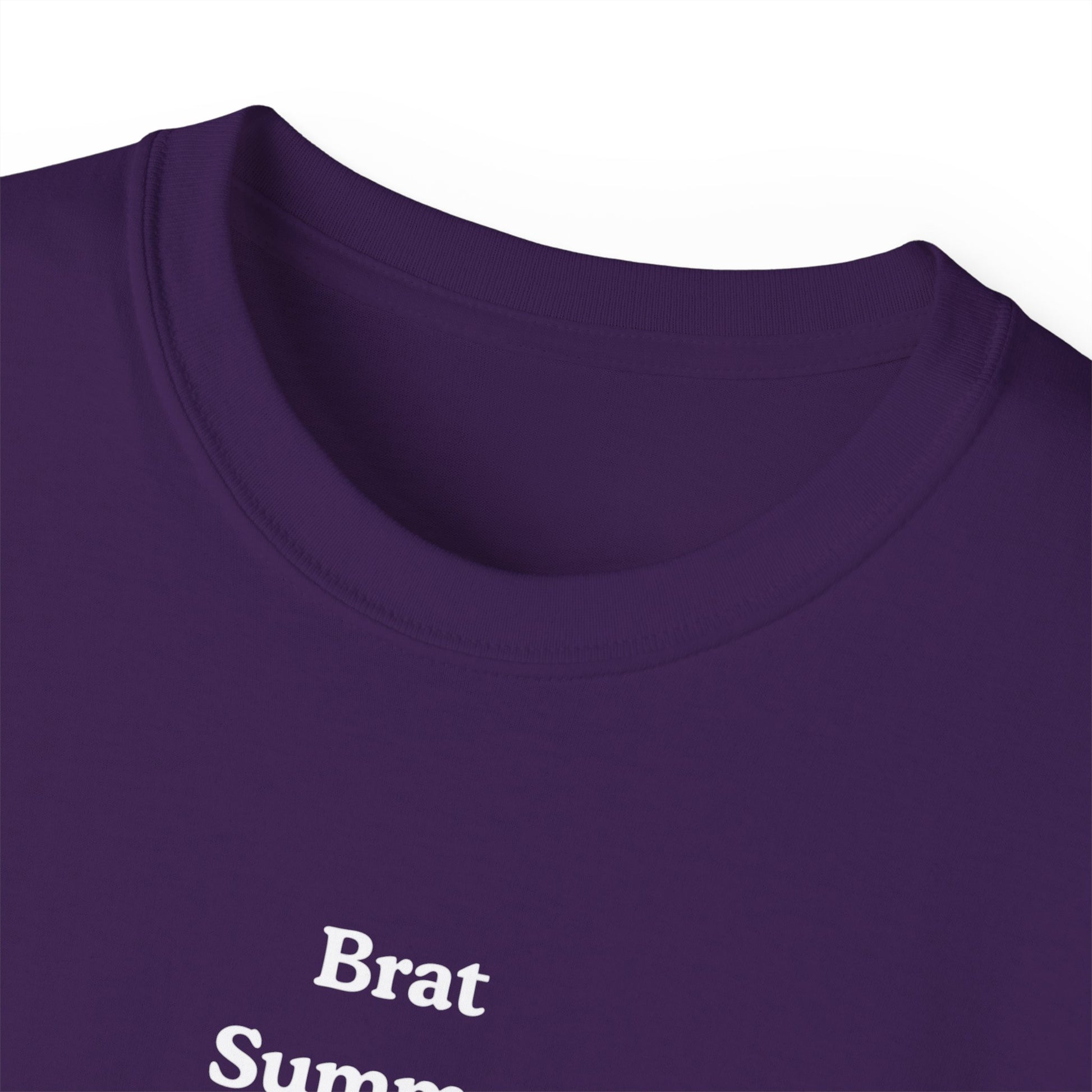 Close-up of Brat Summer Cycle T-shirt collar – ethically made cotton detail, purple colour version