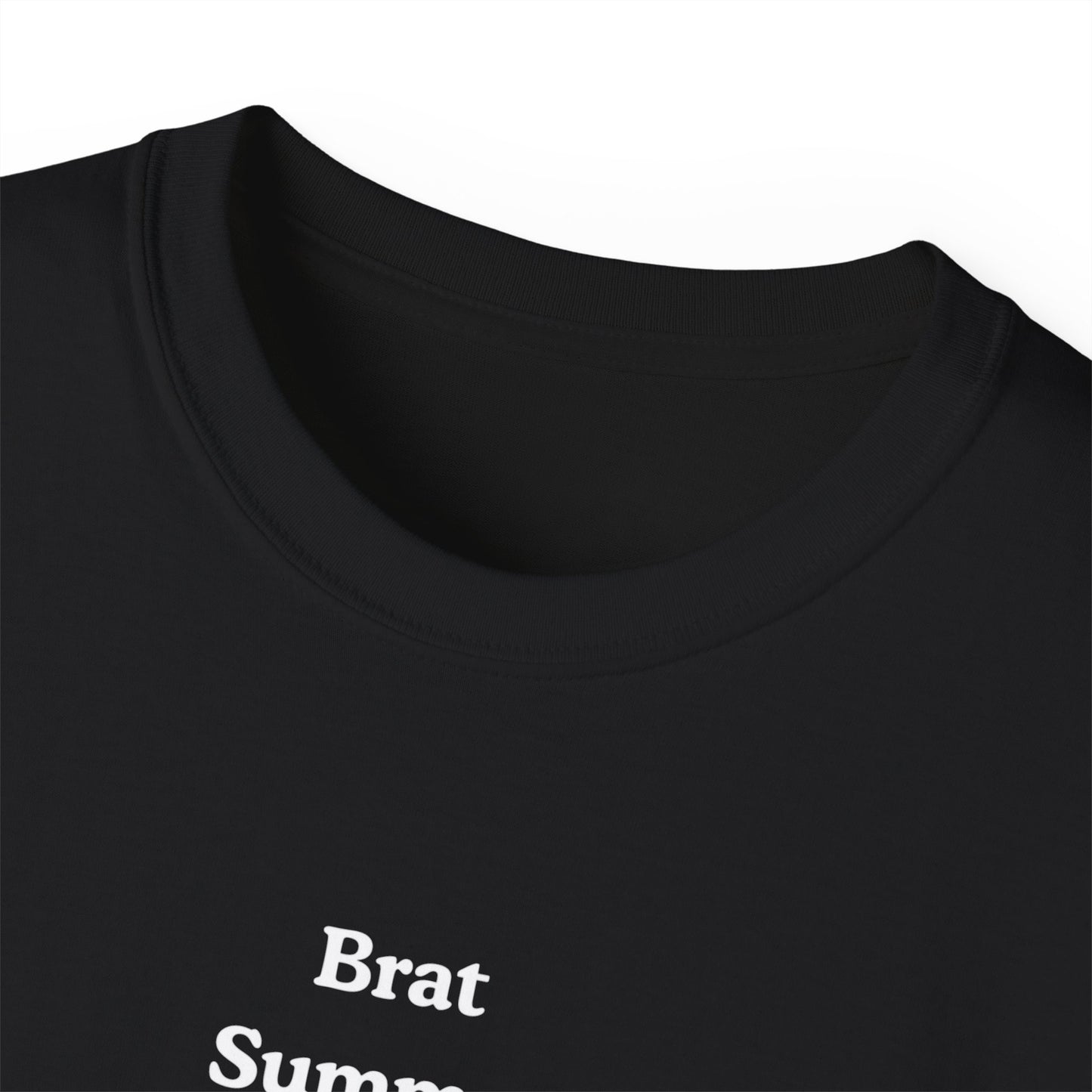Close-up of Brat Summer Cycle T-shirt collar – ethically made cotton detail