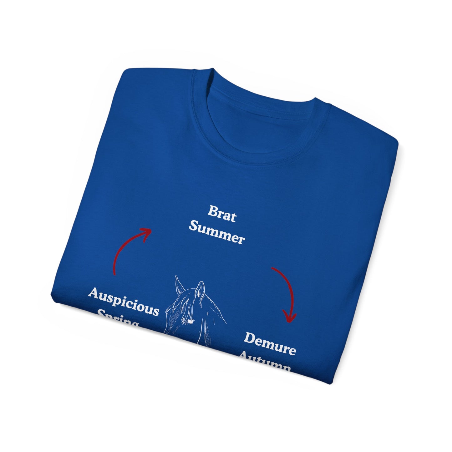 Folded Brat Summer Cycle T-shirt with part of seasonal mood graphic visible, blue colour version