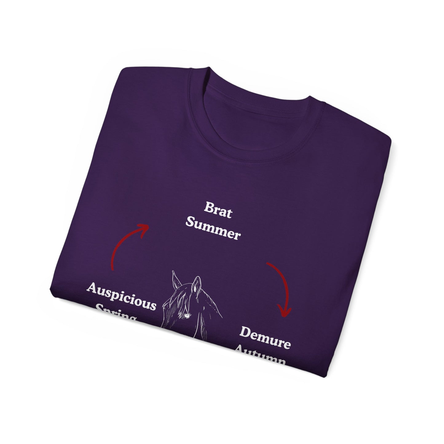 Folded Brat Summer Cycle T-shirt with part of seasonal mood graphic visible, purple colour version