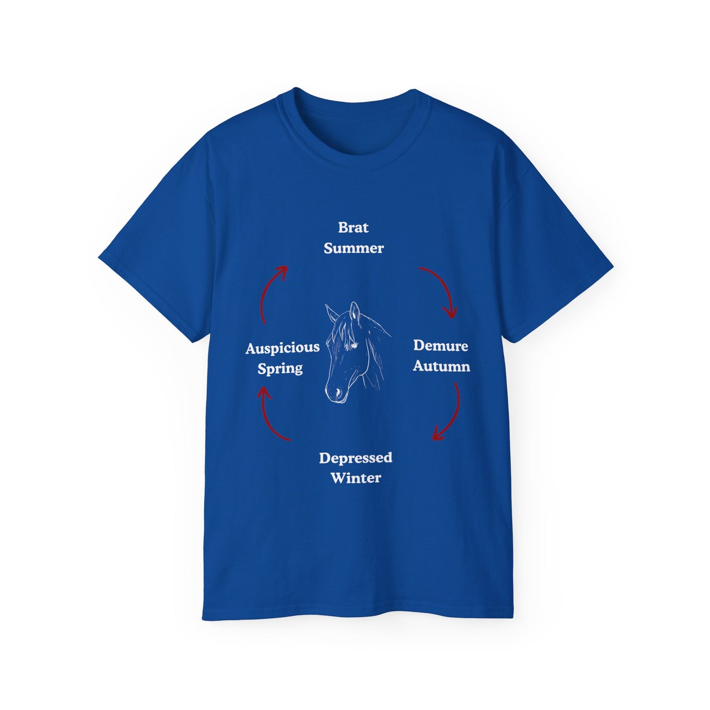 Brat Summer Cycle T-shirt showing all four seasonal moods with horse face – front design view, blue colour version