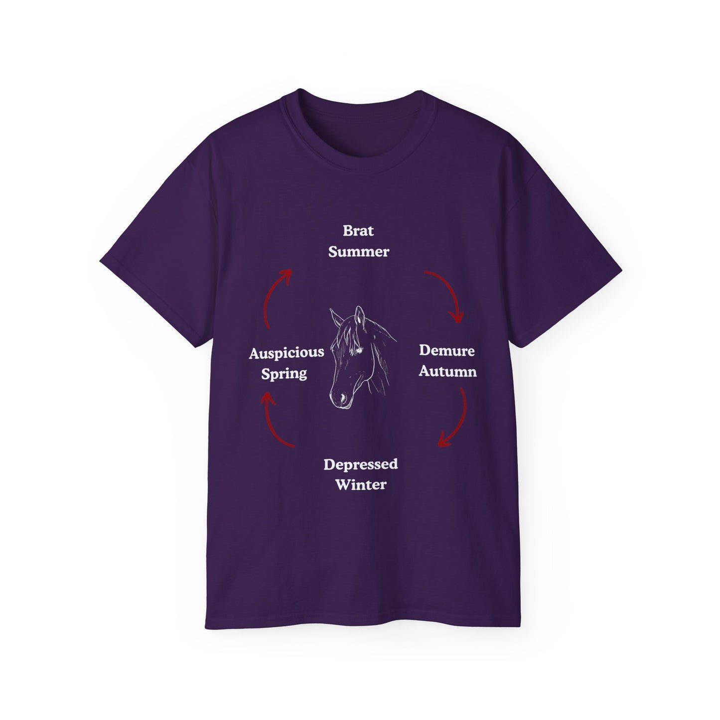 Brat Summer Cycle T-shirt showing all four seasonal moods with horse face – front design view, purple colour version