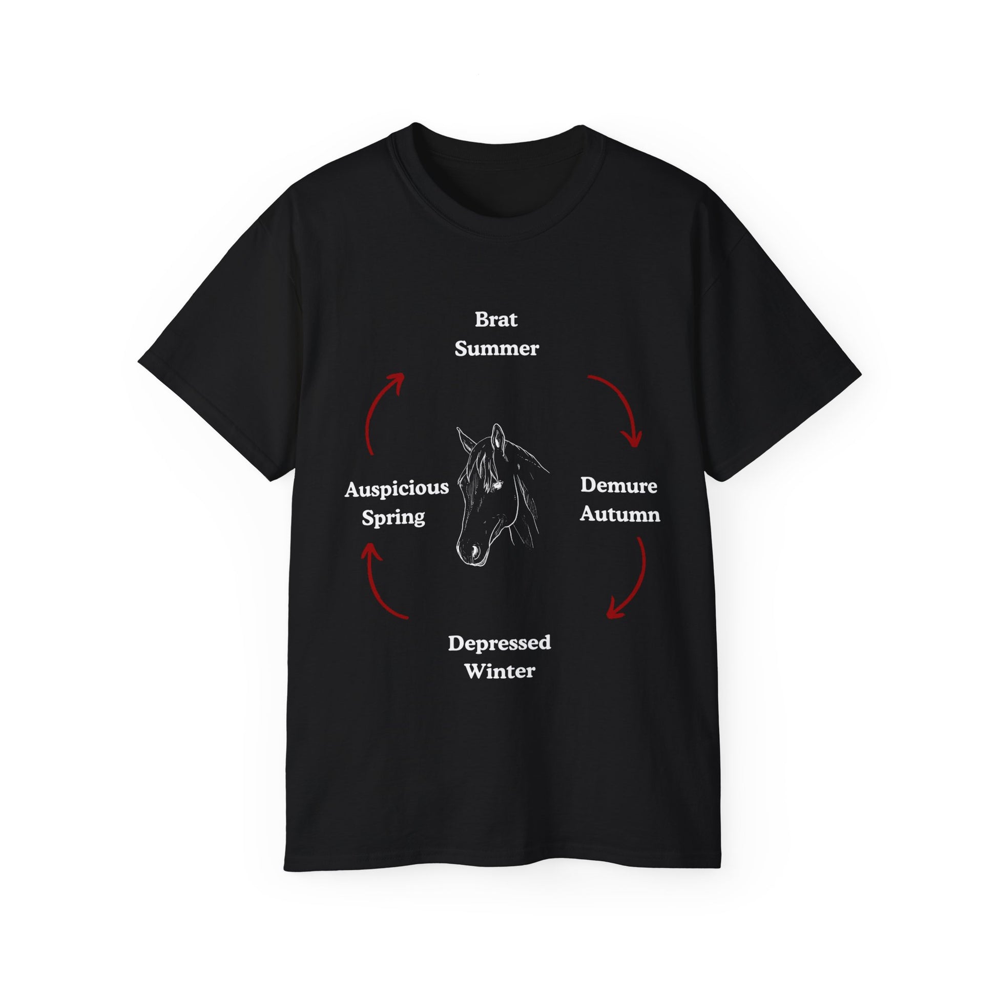 Brat Summer Cycle T-shirt showing all four seasonal moods with horse face – front design view