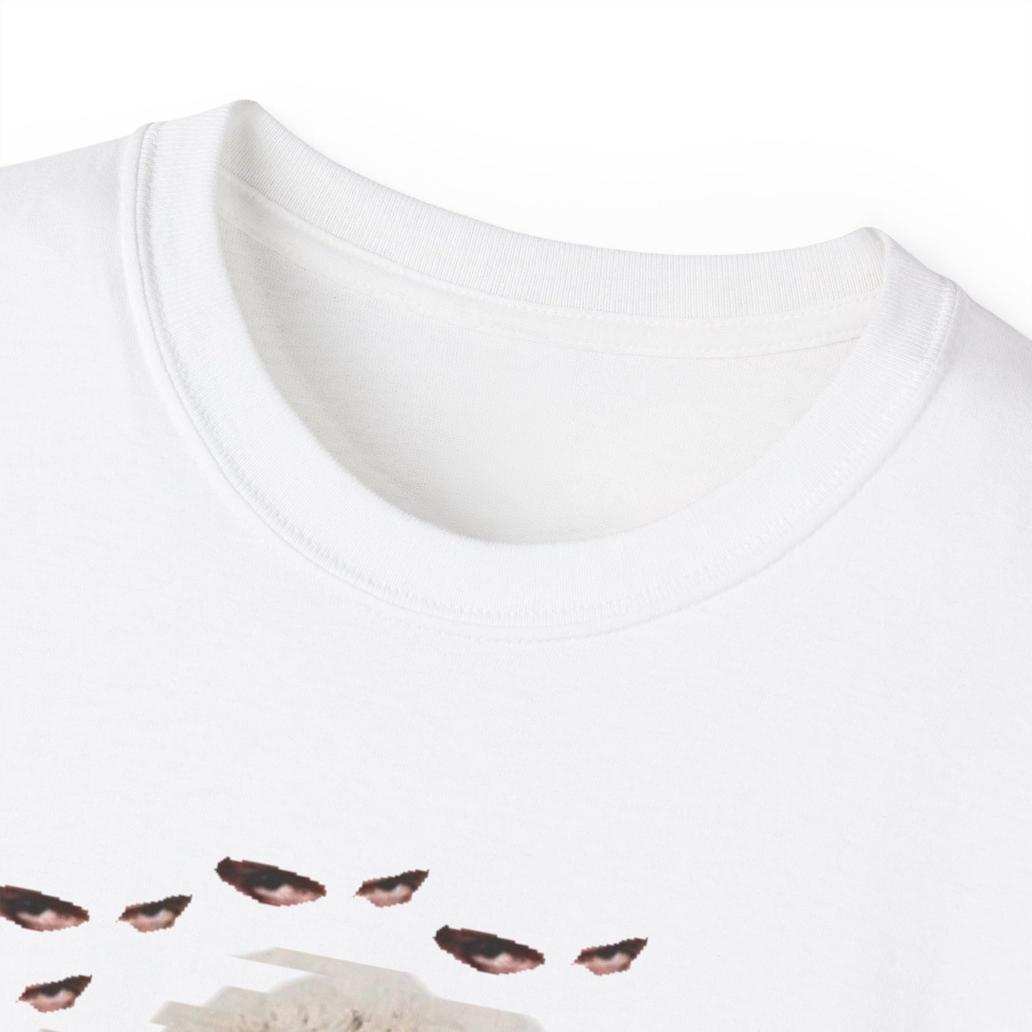 Close-up of Eyes Without a Face T-shirt collar and neckline stitching detail