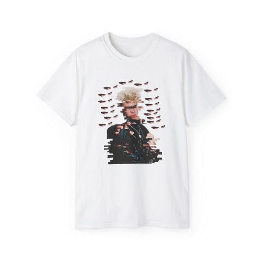 Front view of Eyes Without a Face T-shirt featuring distorted Billy Idol with missing eyes and floating orbs