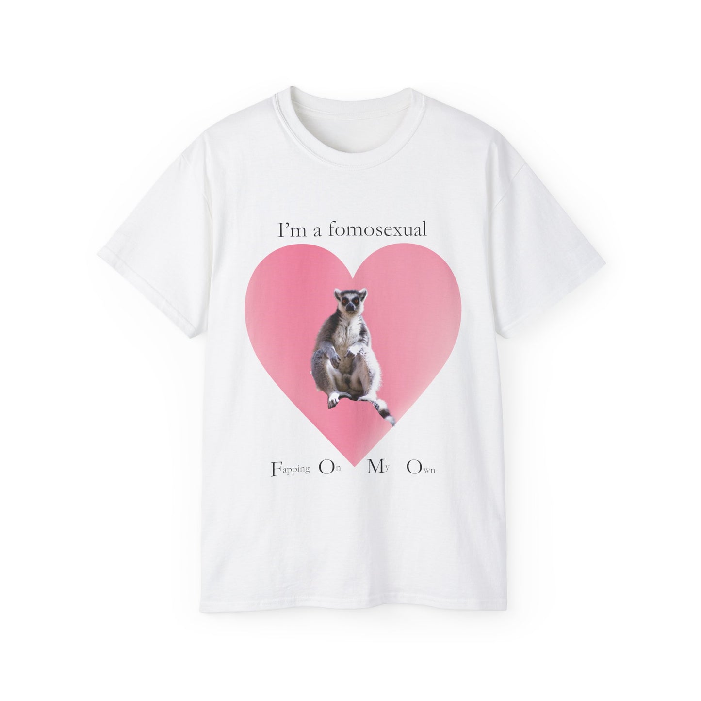 T-shirt with “FOMO” caption and lemur inside heart – front view, white colour version