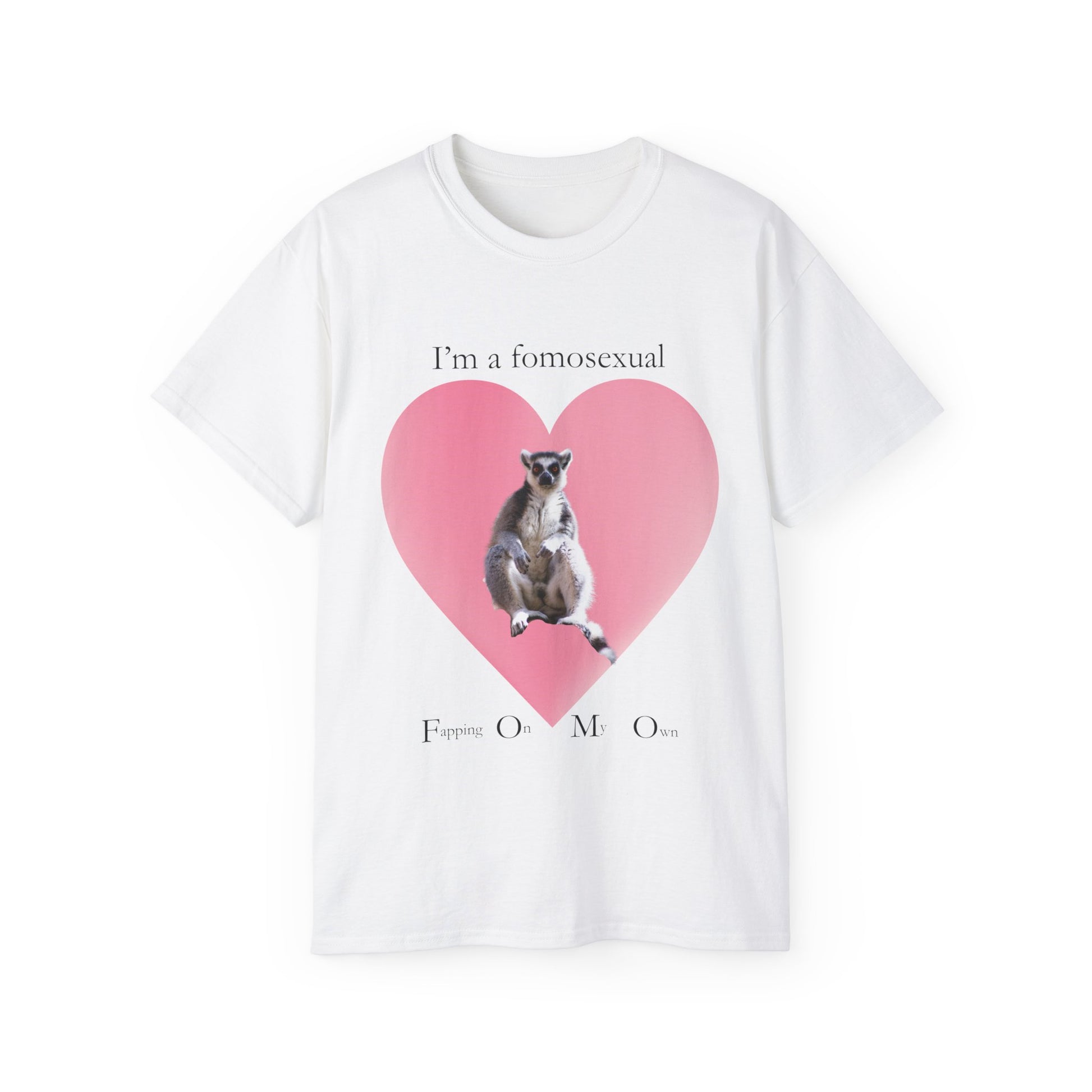 T-shirt with “FOMO” caption and lemur inside heart – front view, white colour version