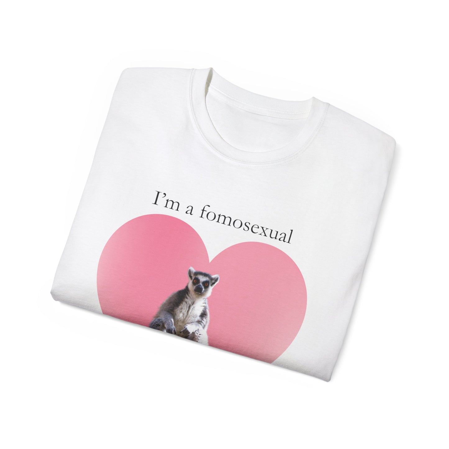 Folded FOMO T-shirt showing part of lemur and heart design, white colour version