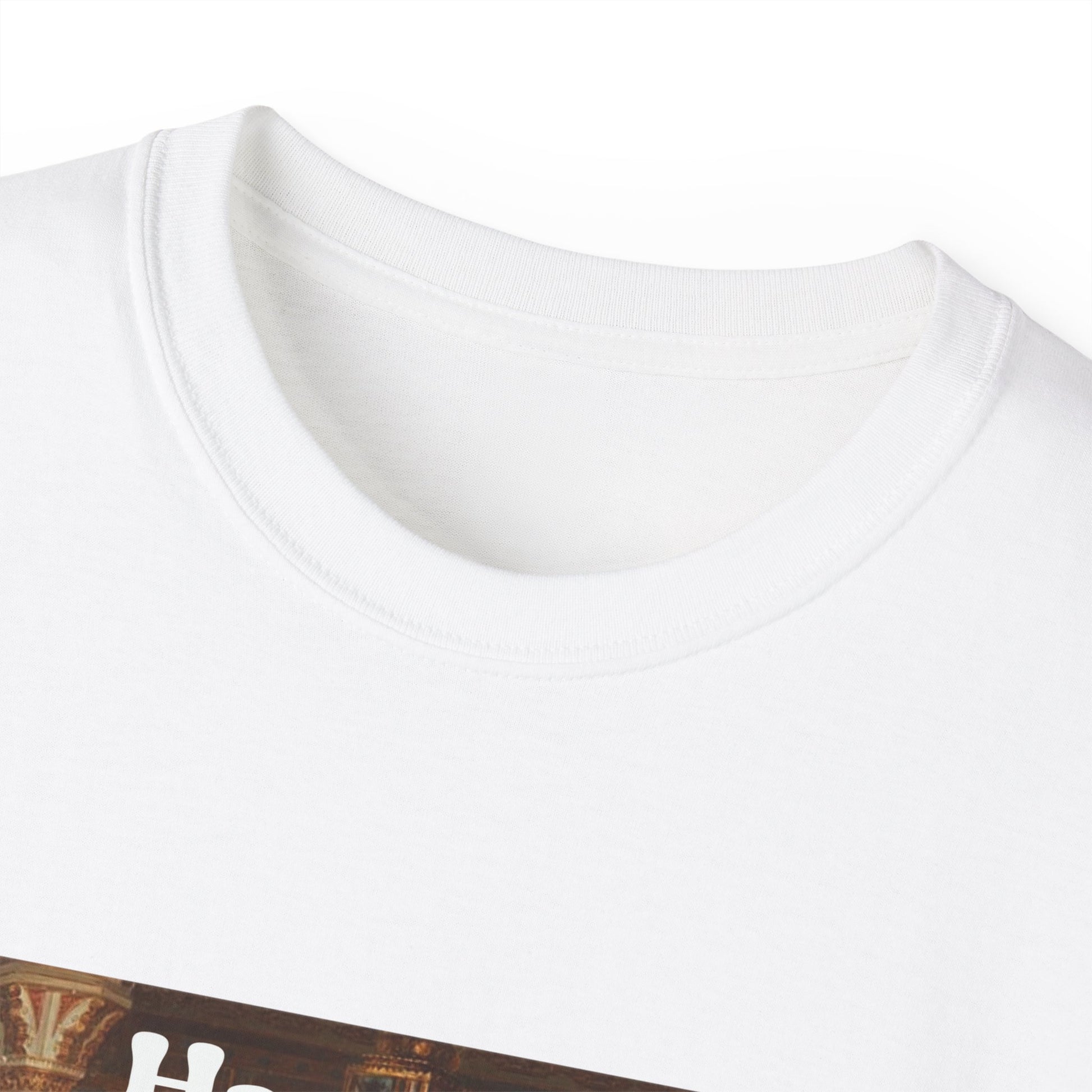 Close-up of Harembe T-shirt collar and neckline stitching detail white colour version