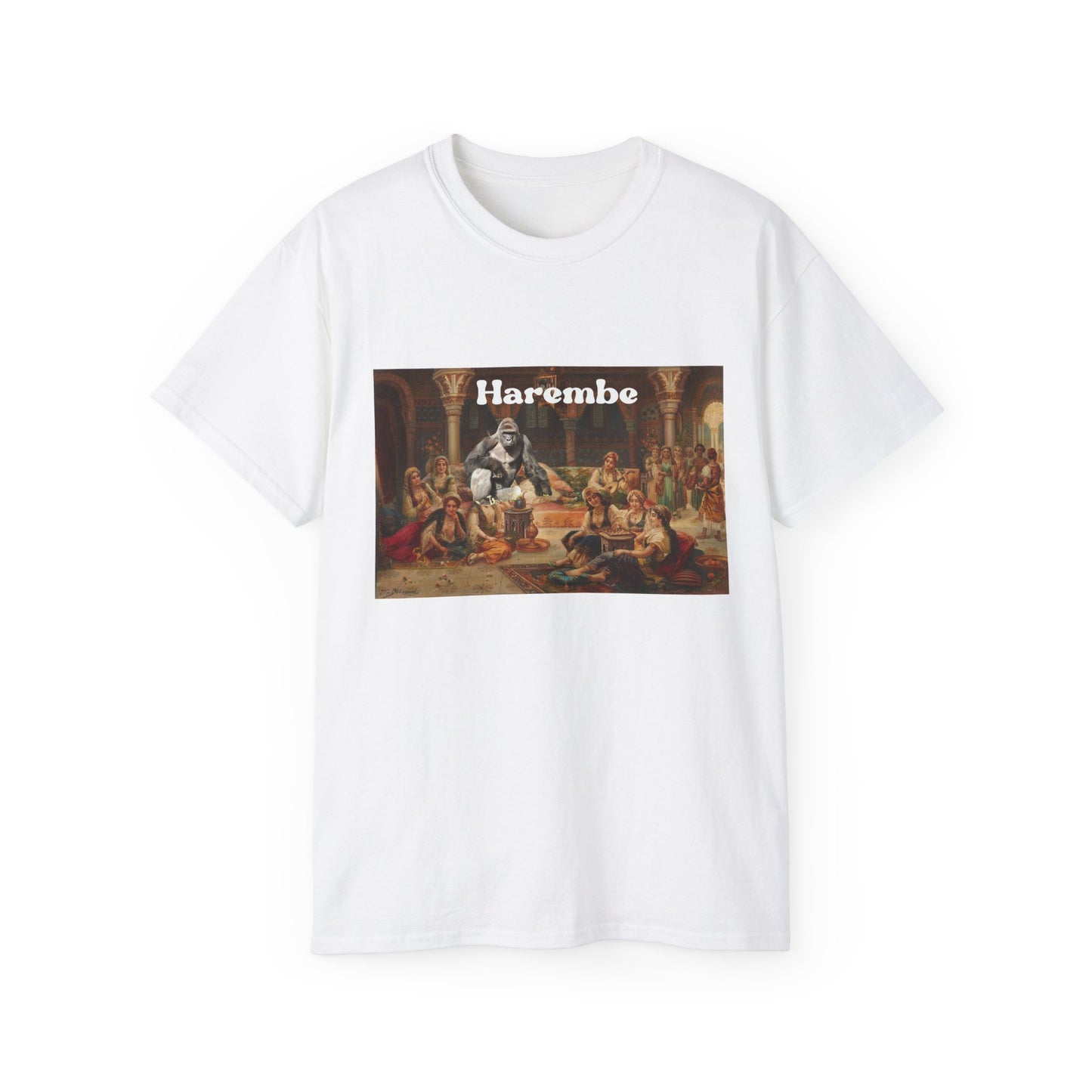 Front view of Harembe T-shirt featuring Harambe lounging in an ornate Ottoman harem setting white colour version