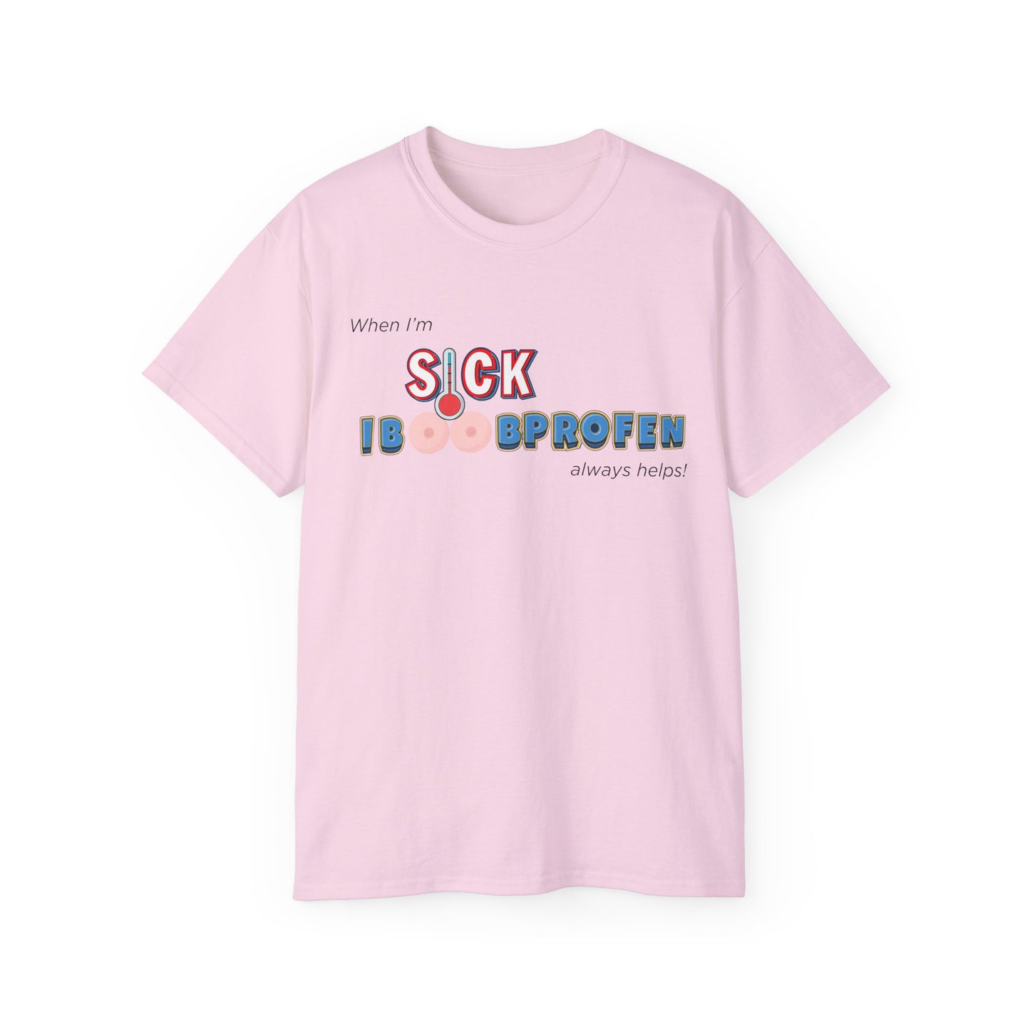 Iboobprofen T-shirt with funny ibuprofen pun – full front design view, pink colour version