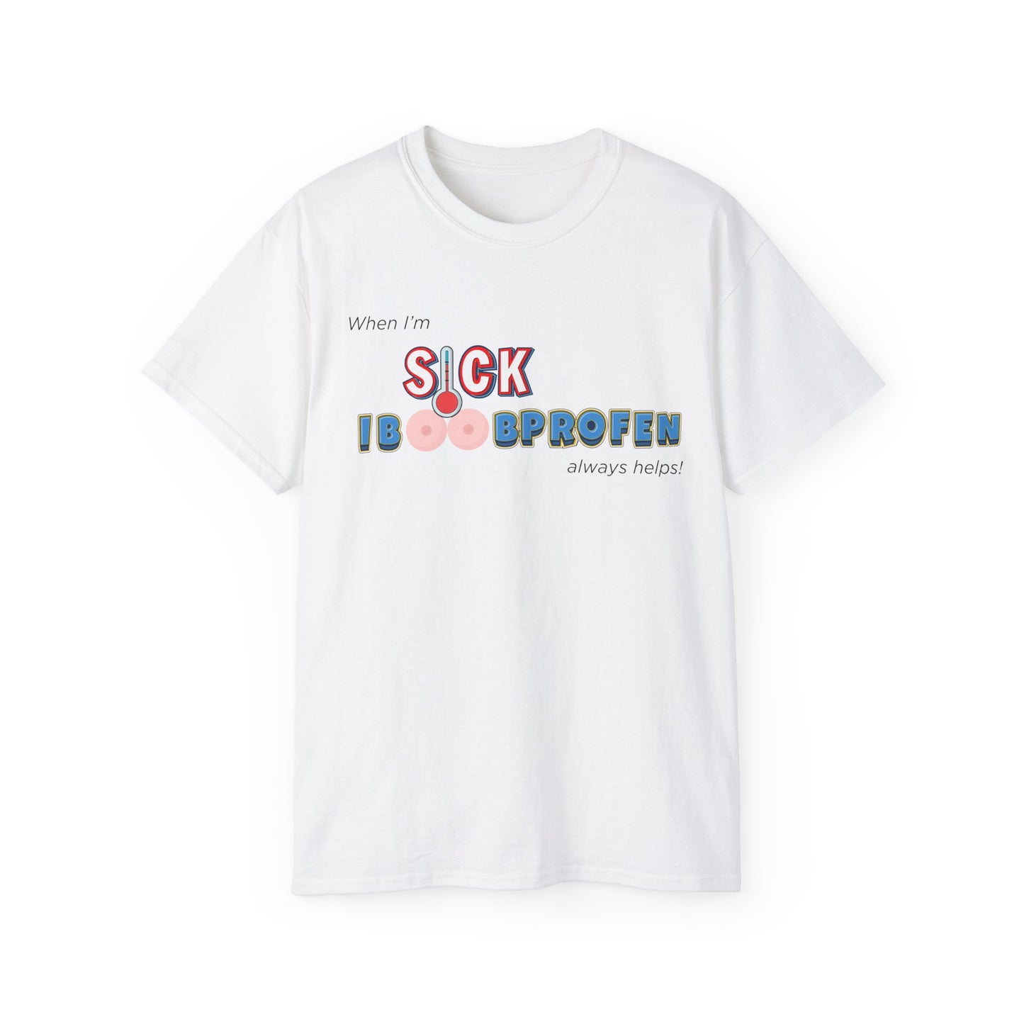 Iboobprofen T-shirt with funny ibuprofen pun – full front design view