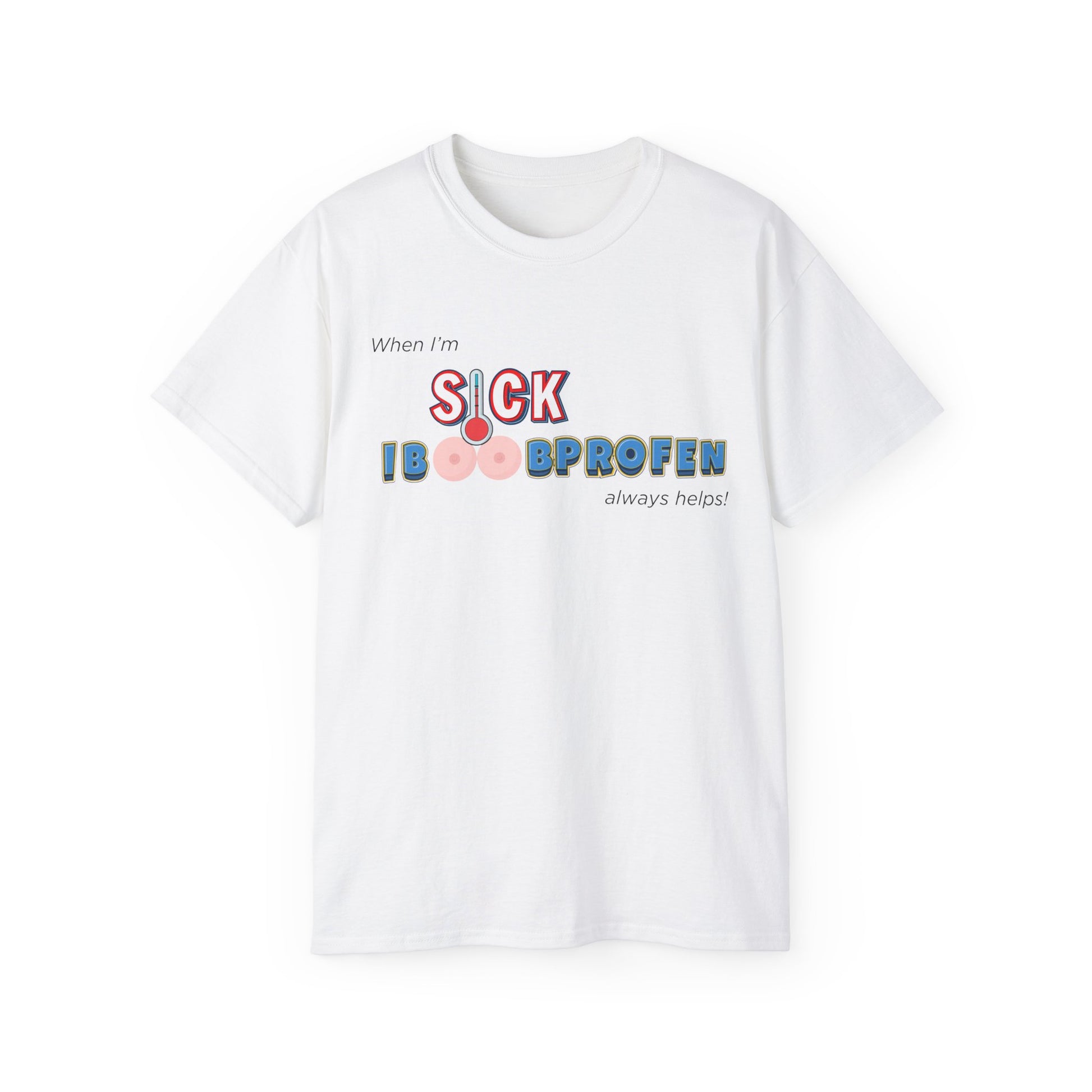 Iboobprofen T-shirt with funny ibuprofen pun – full front design view