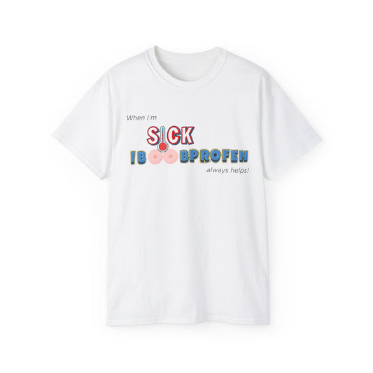 Iboobprofen T-shirt with funny ibuprofen pun – full front design view