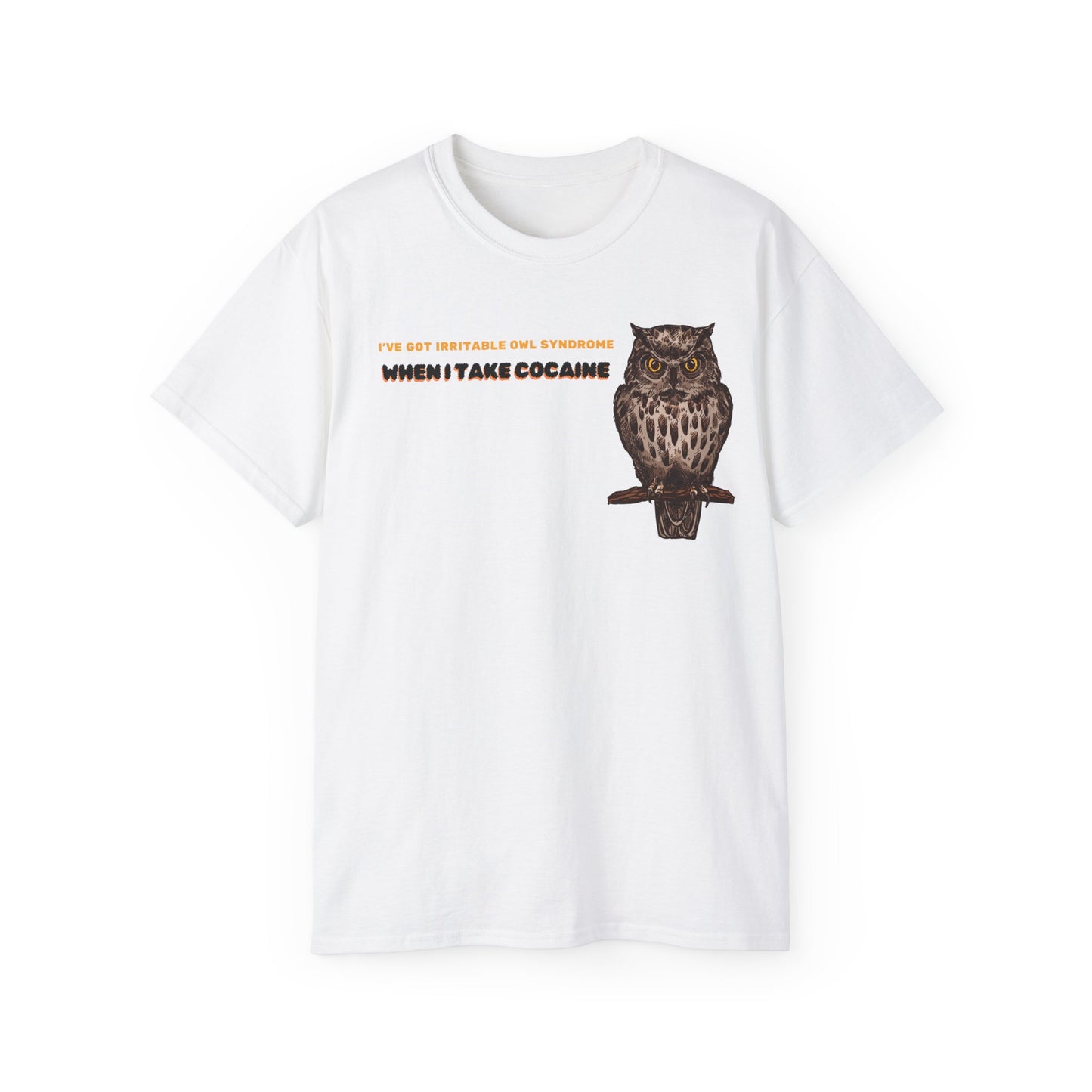 Irritable Owl Syndrome T-shirt with wide-eyed owl and party pun – full design view