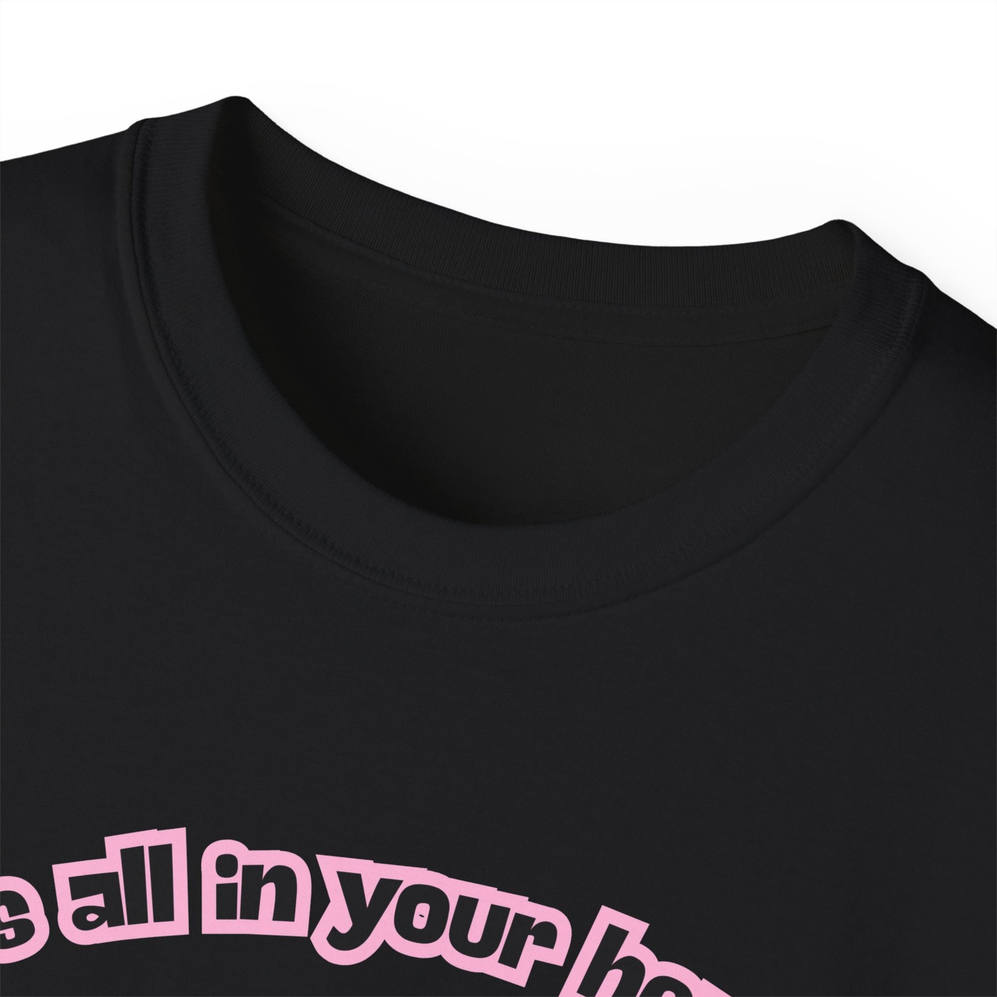 Close-up of It’s All in Your Head T-shirt collar and neckline stitching detail black colour version