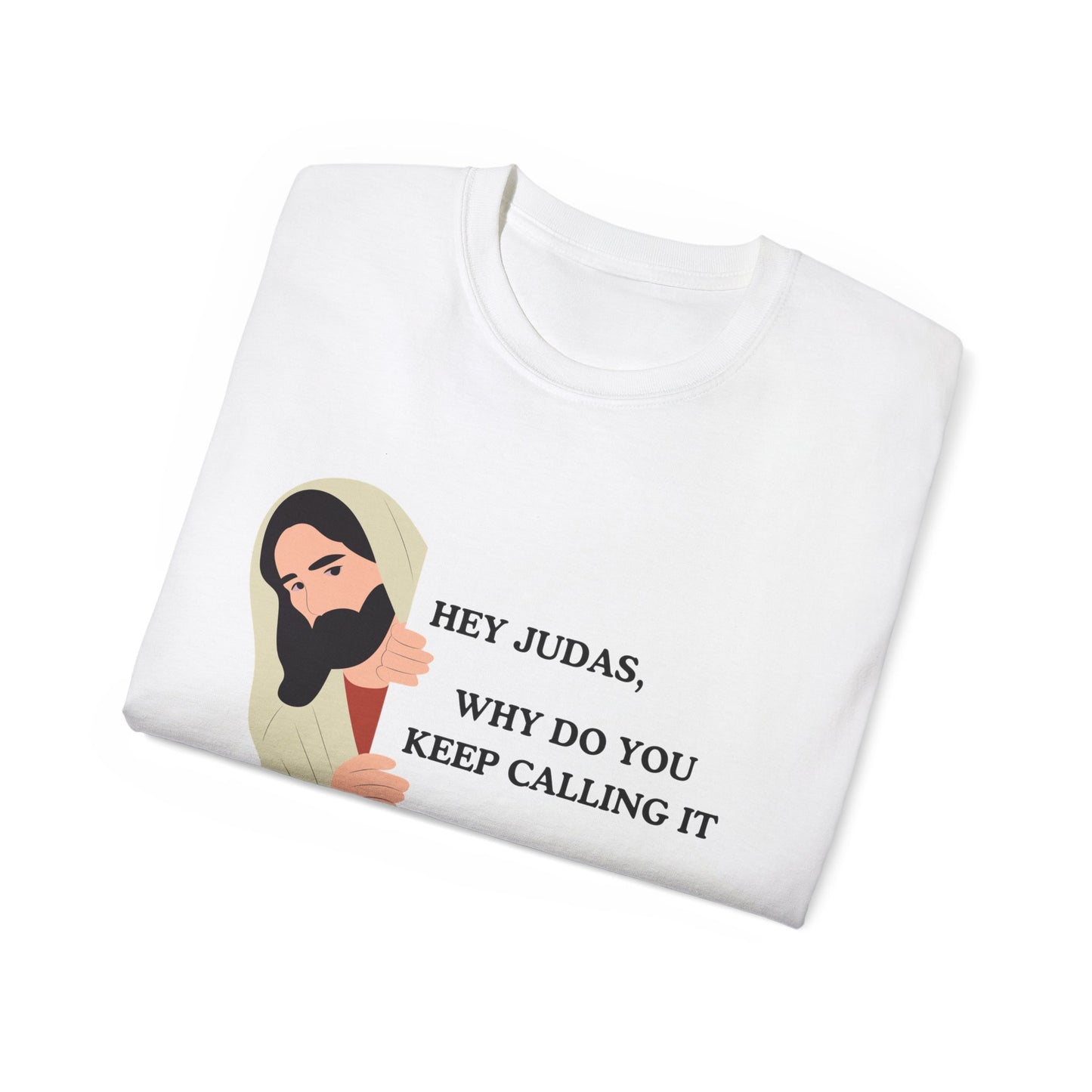 Folded funny T-shirt showing part of Jesus and Judas Last Supper design