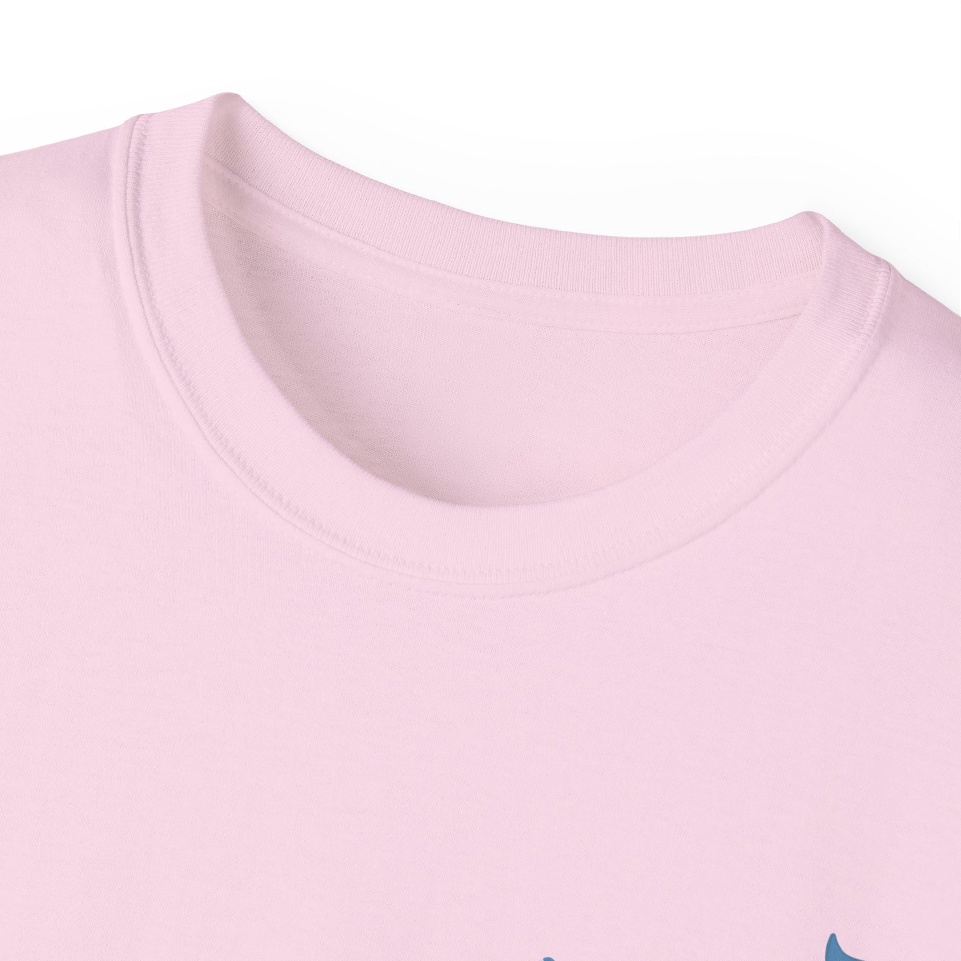 Collar detail of Just Dolphin It T-shirt – soft black cotton fabric, pink colour version