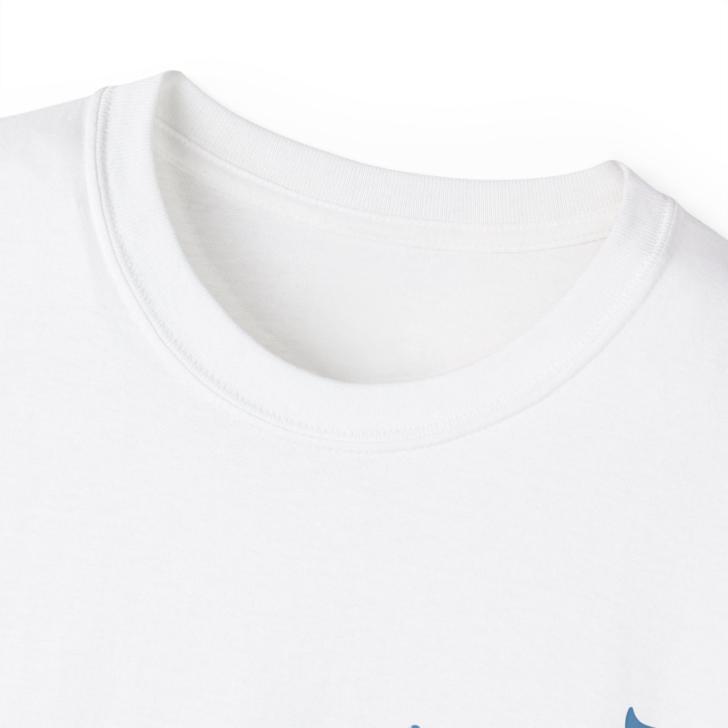 Collar detail of Just Dolphin It T-shirt – soft black cotton fabric