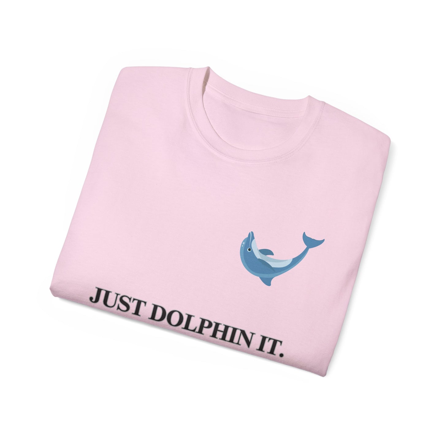 Folded Just Dolphin It T-shirt showing partial dolphin swoosh design, pink colour version