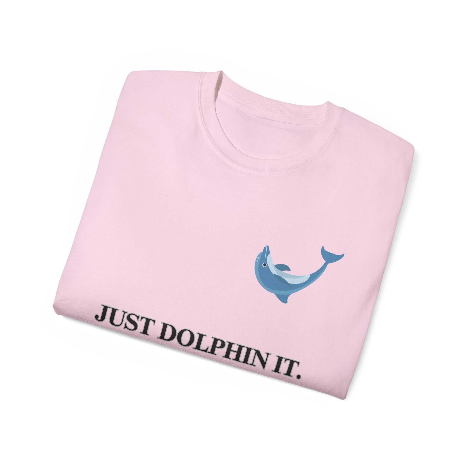 Folded Just Dolphin It T-shirt showing partial dolphin swoosh design, pink colour version