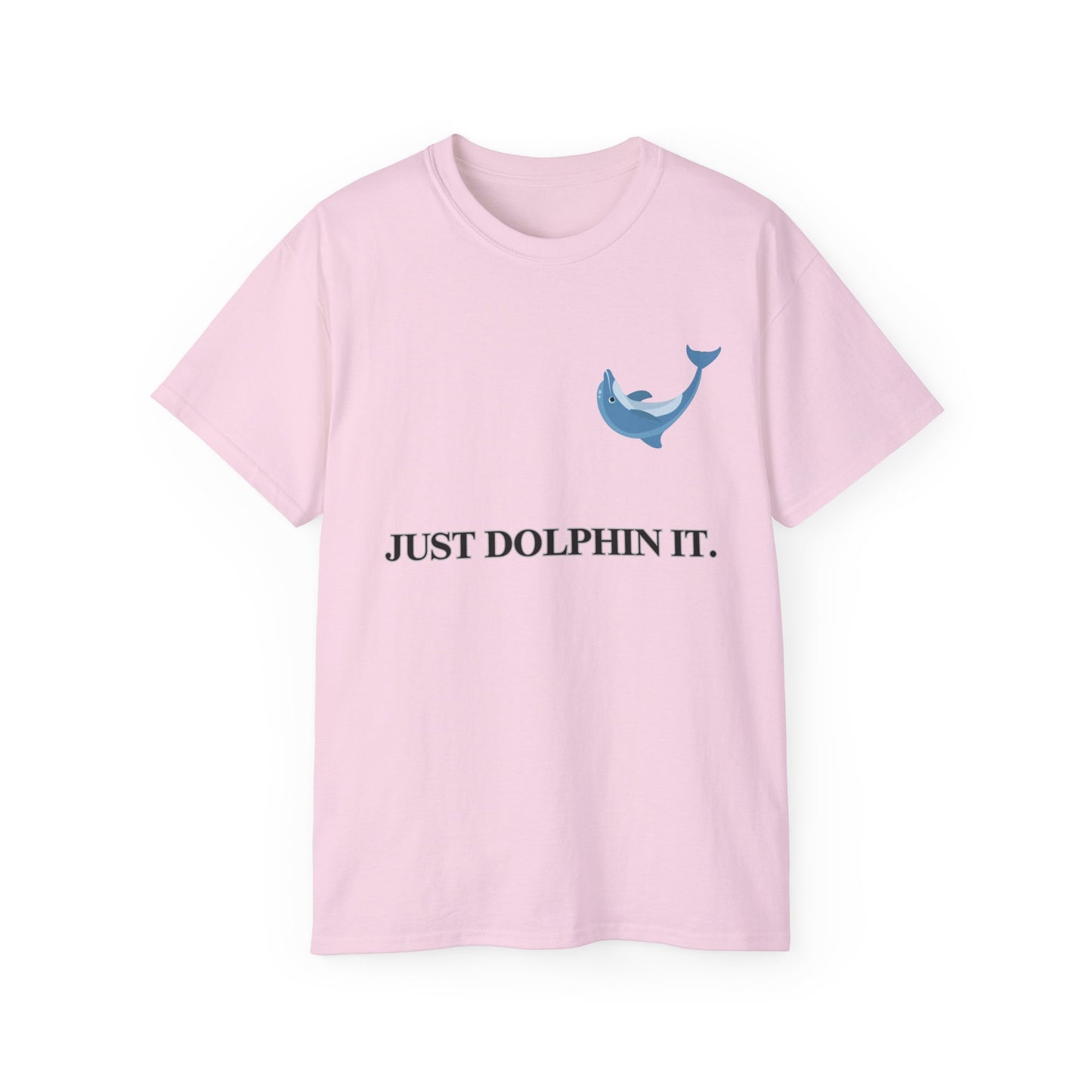 Just Dolphin It T-shirt with dolphin-shaped Nike swoosh parody, pink colour version