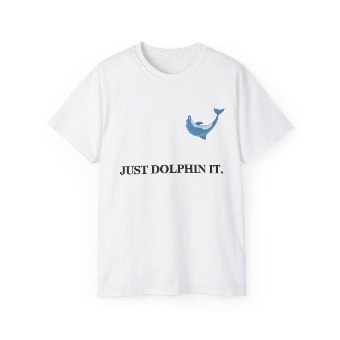 Just Dolphin It T-shirt with dolphin-shaped Nike swoosh parody